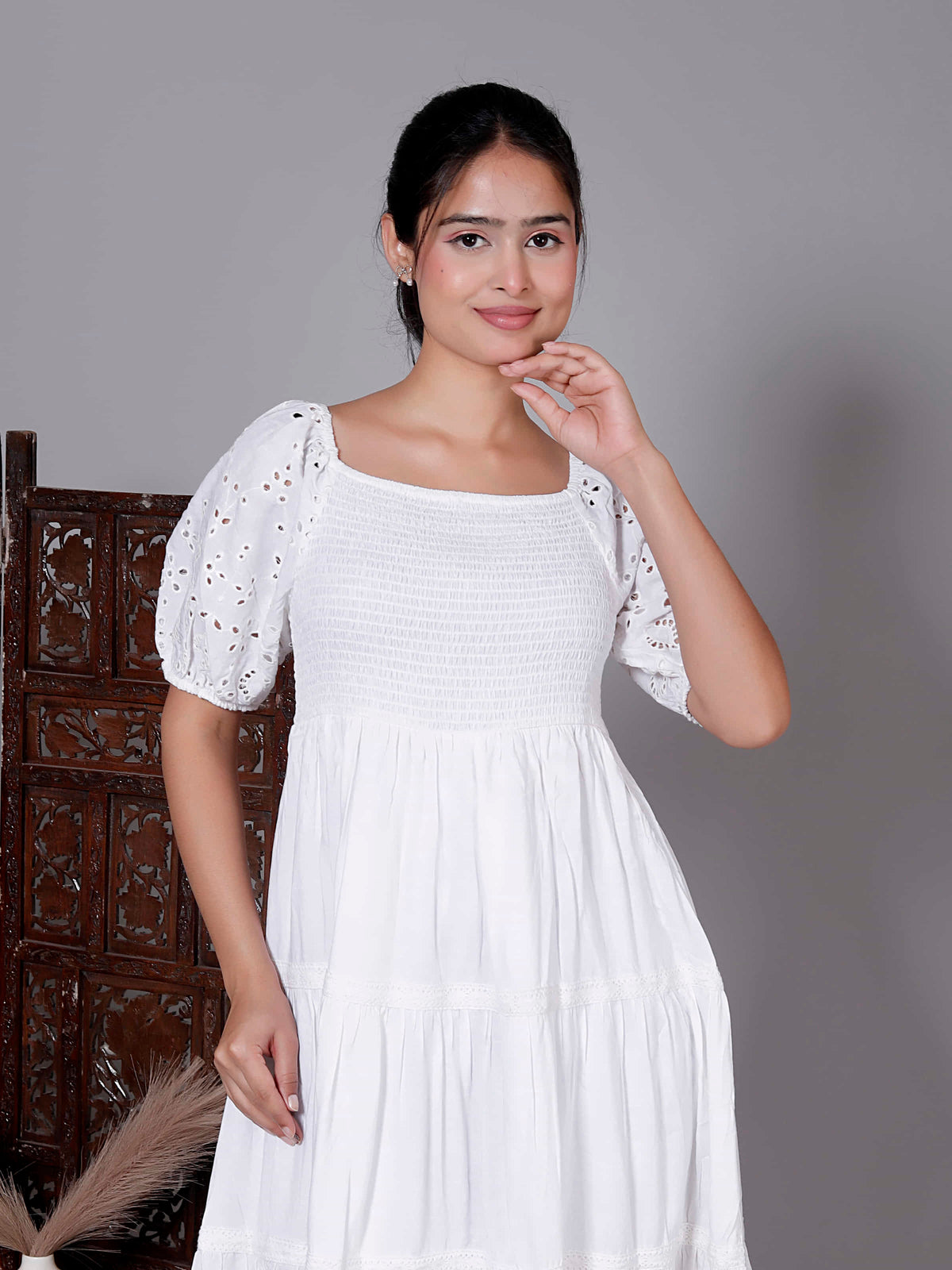 White Schiffli Puff Sleeve Dress