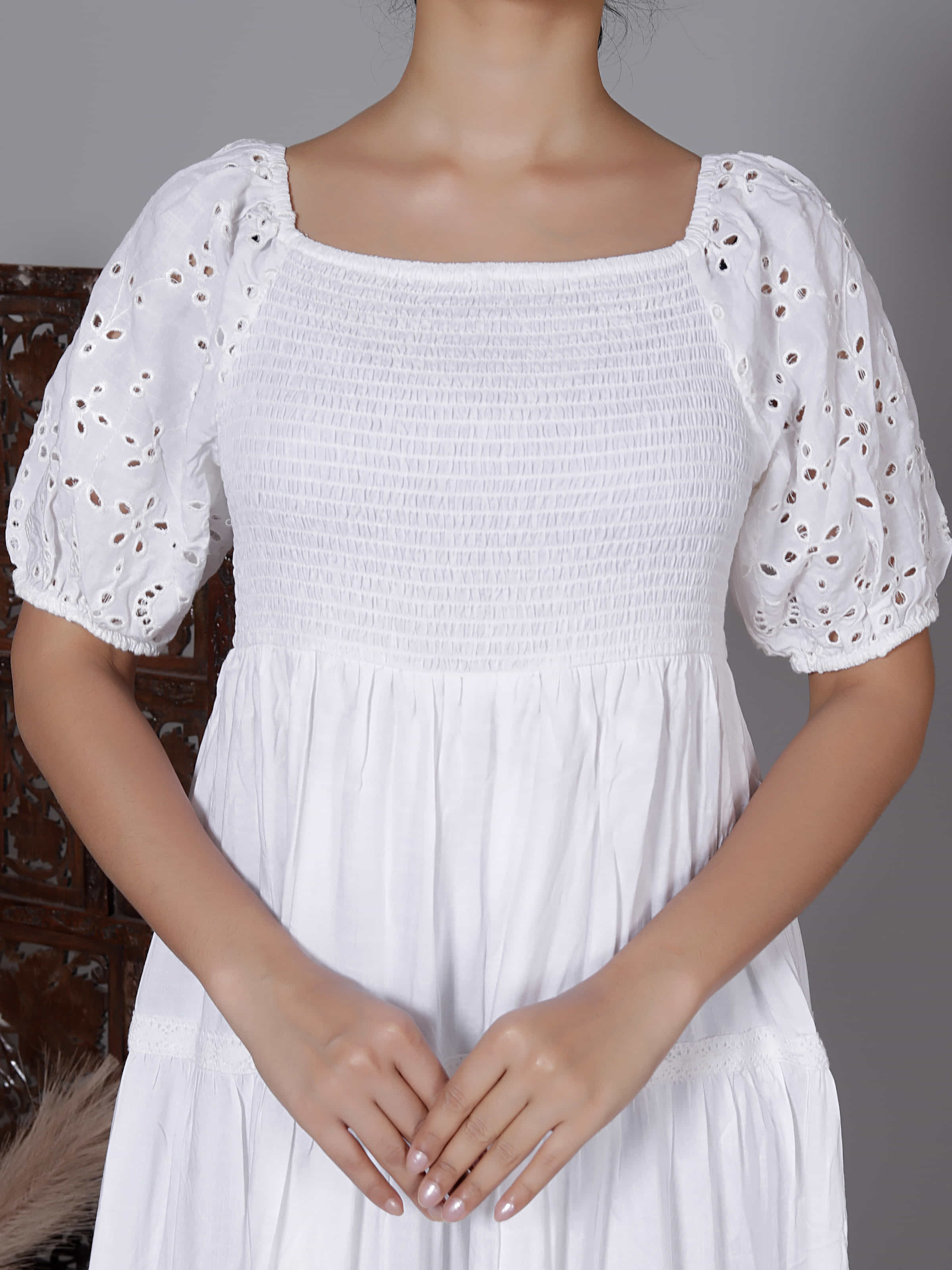 White Schiffli Puff Sleeve Dress