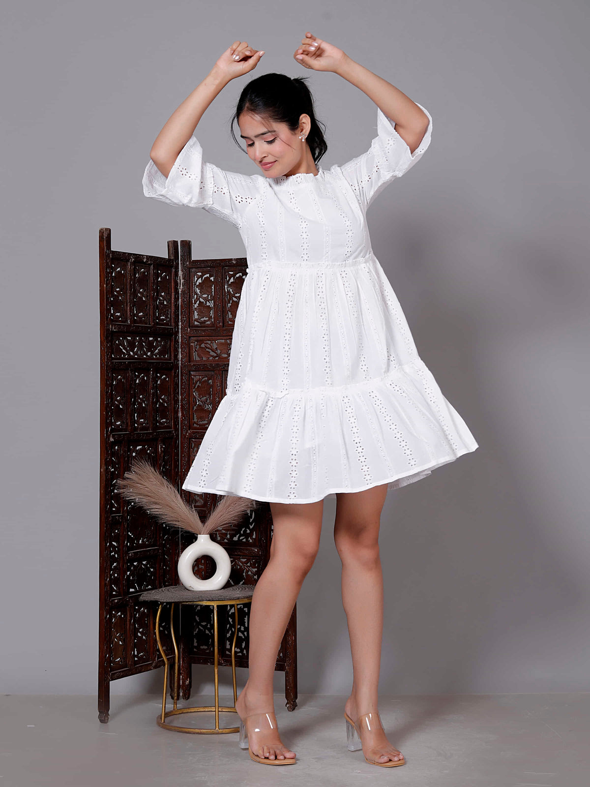 White Eyelet Ruffle Mini Dress