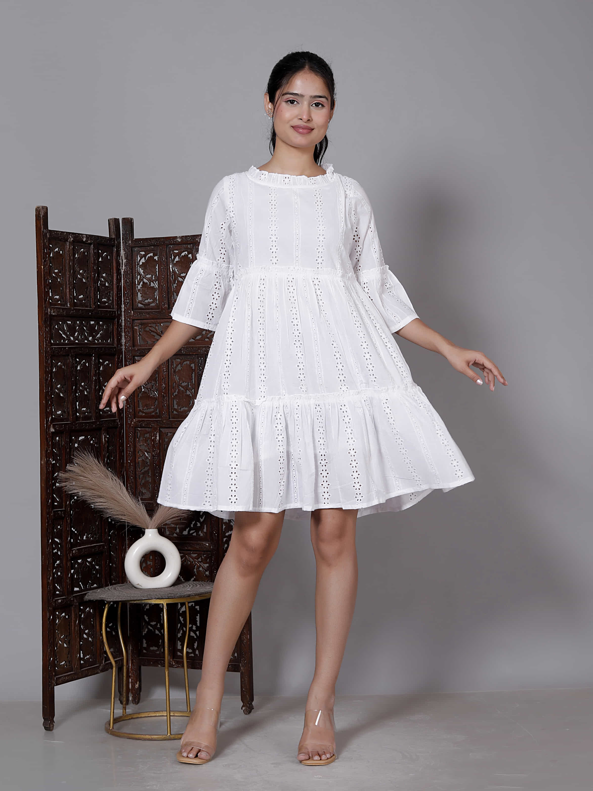 White Eyelet Ruffle Mini Dress