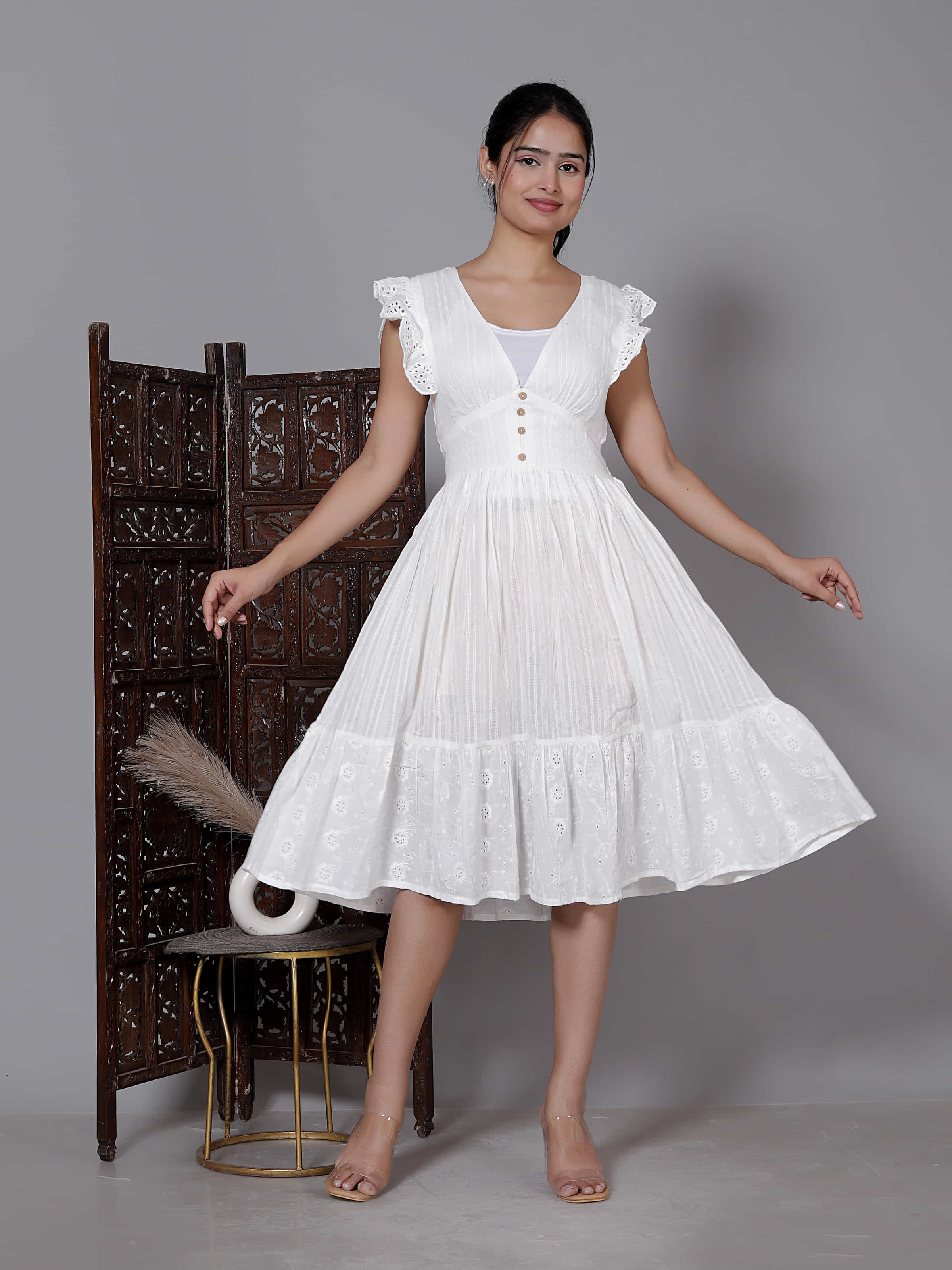 White Sleeveless Embroidered Midi Dress