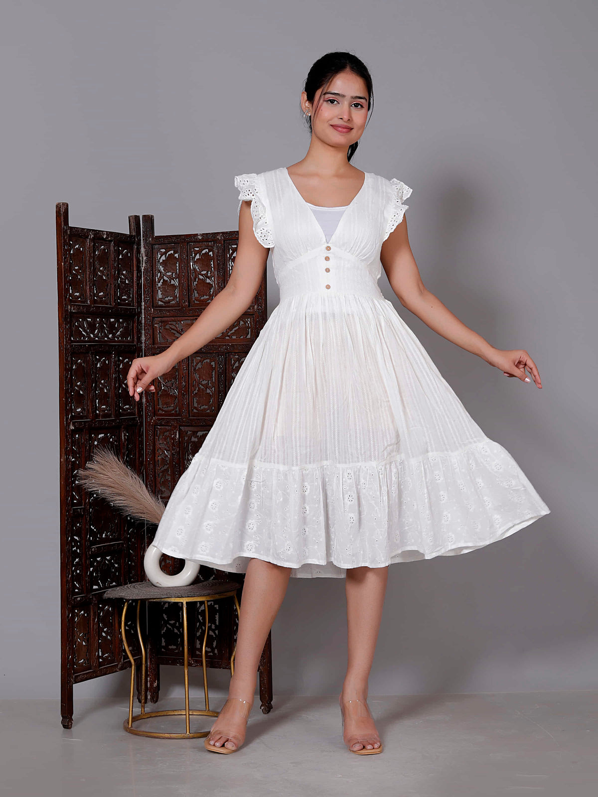 White Sleeveless Embroidered Midi Dress