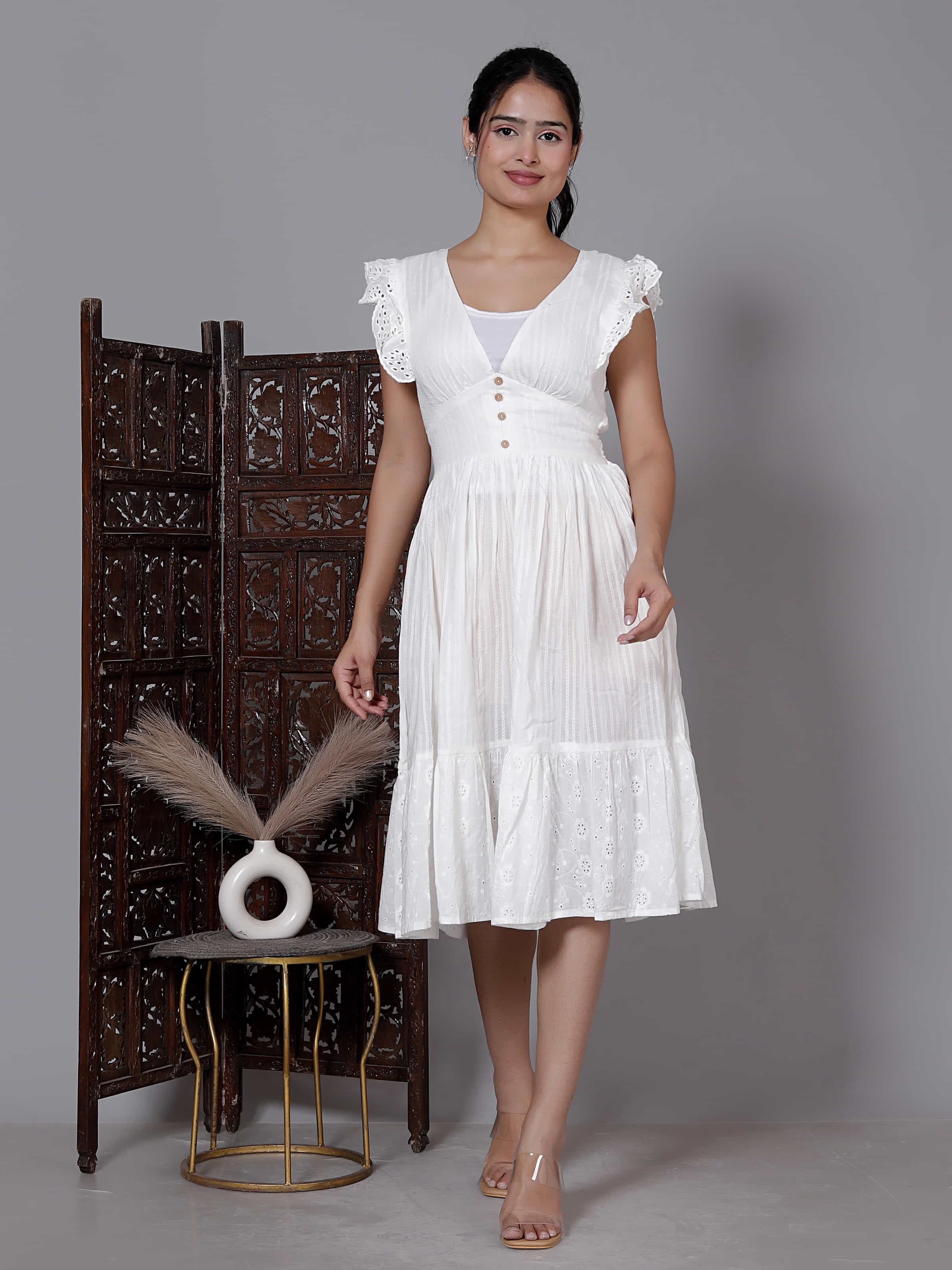 White Sleeveless Embroidered Midi Dress