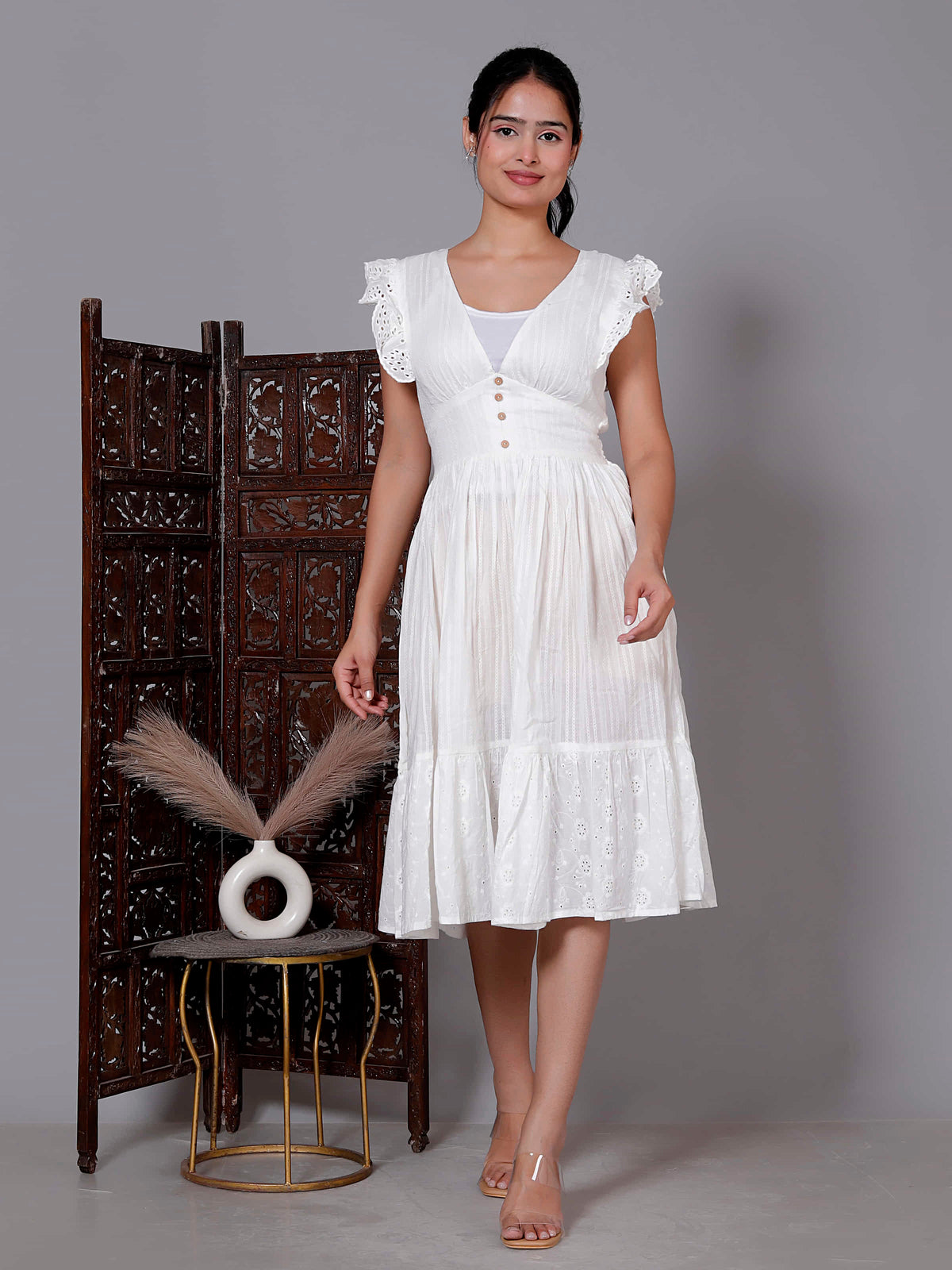 White Sleeveless Embroidered Midi Dress