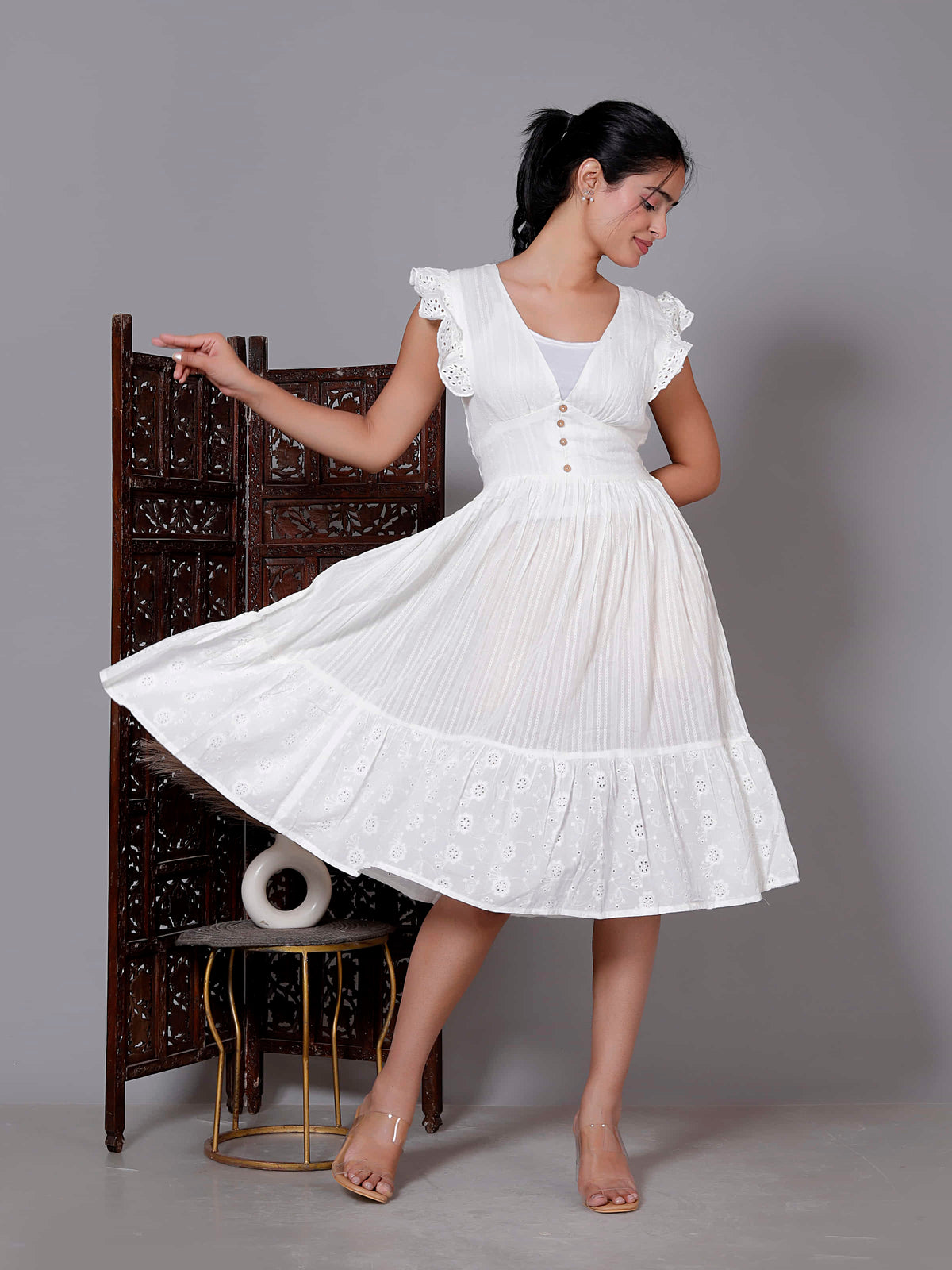 White Sleeveless Embroidered Midi Dress