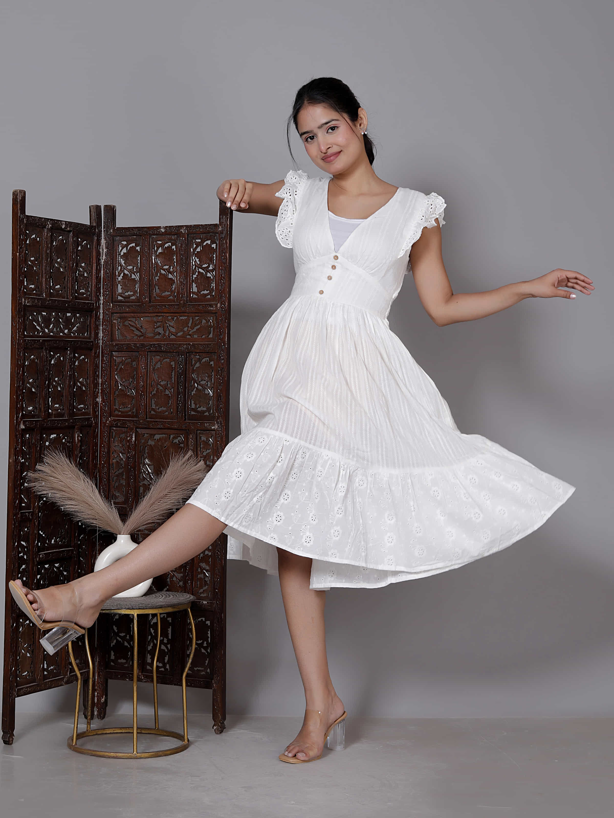 White Sleeveless Embroidered Midi Dress