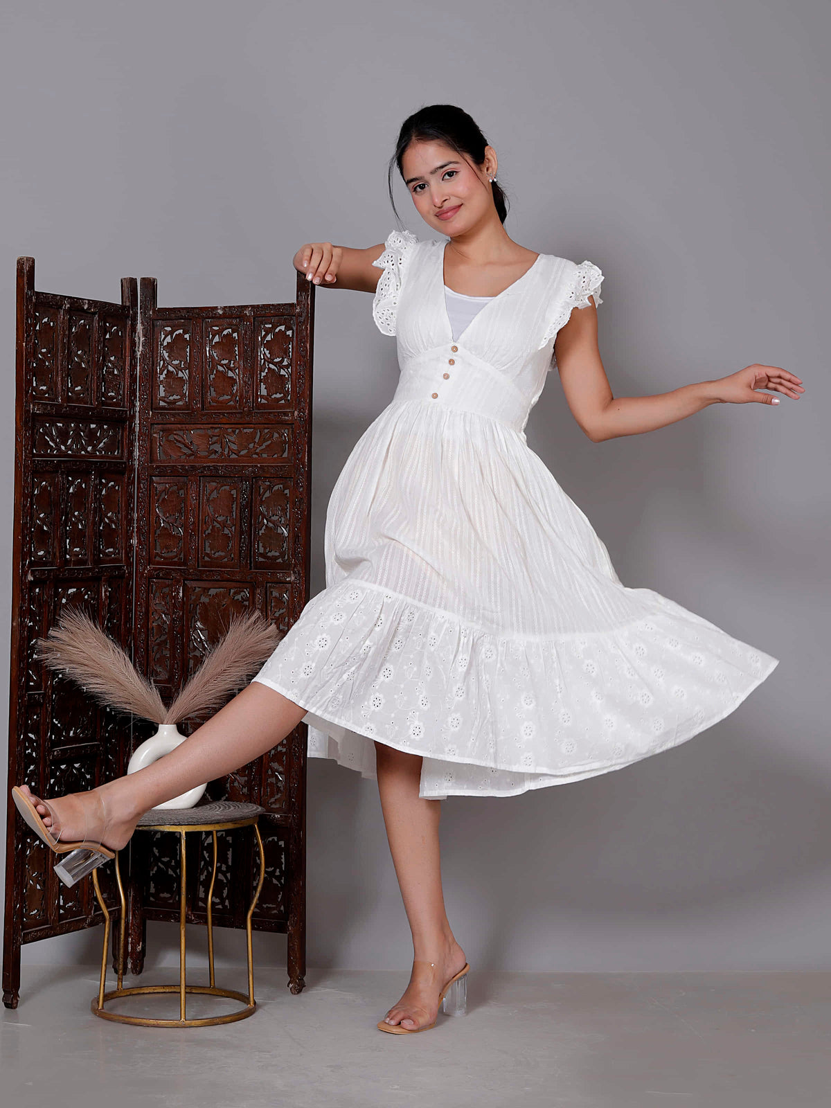 White Sleeveless Embroidered Midi Dress