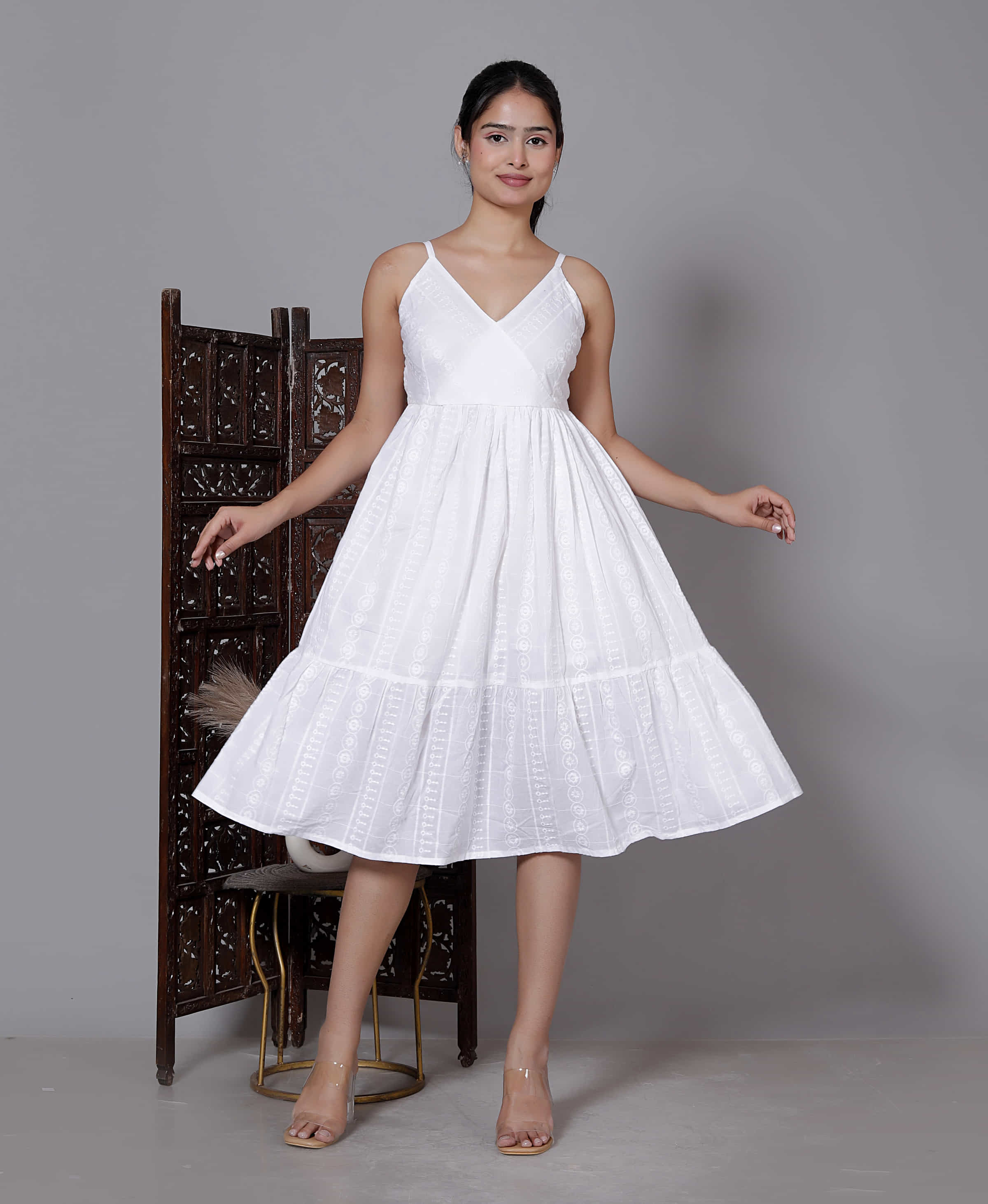 White Spaghetti Tiered Midi Dress