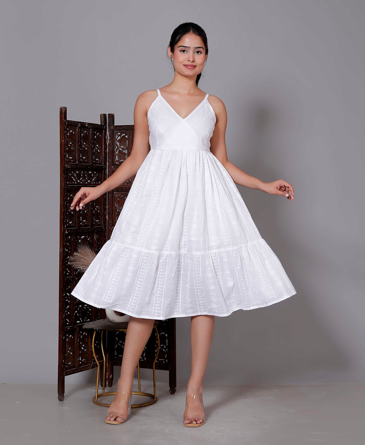 White Spaghetti Tiered Midi Dress