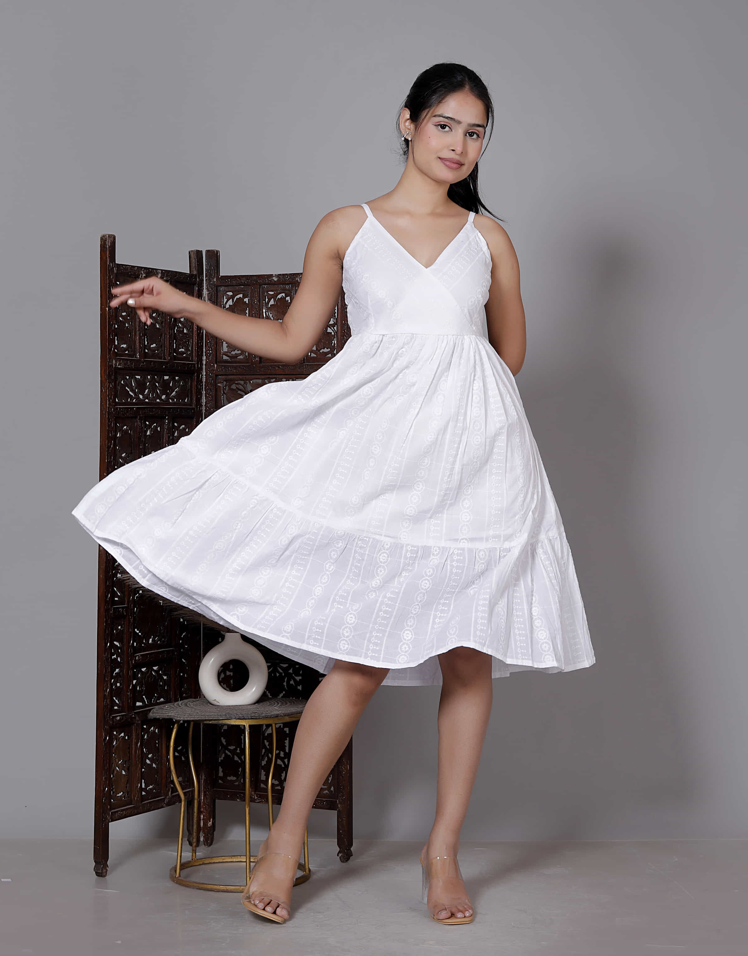 White Spaghetti Tiered Midi Dress