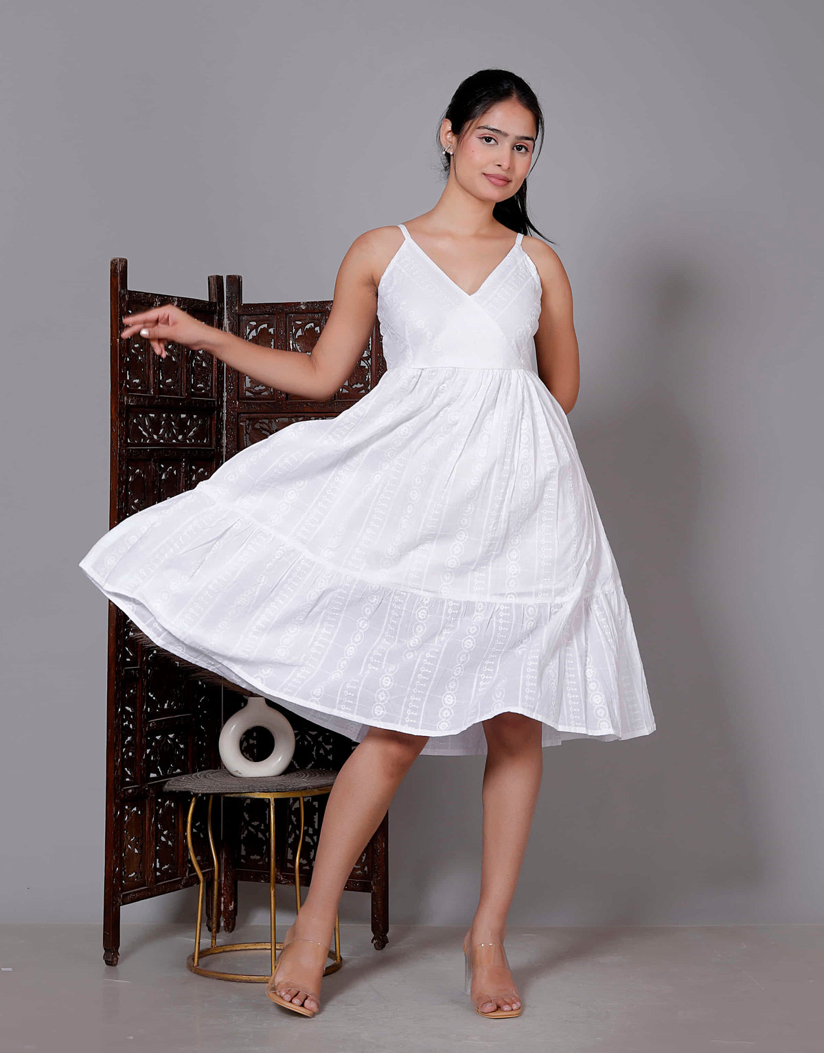 White Spaghetti Tiered Midi Dress