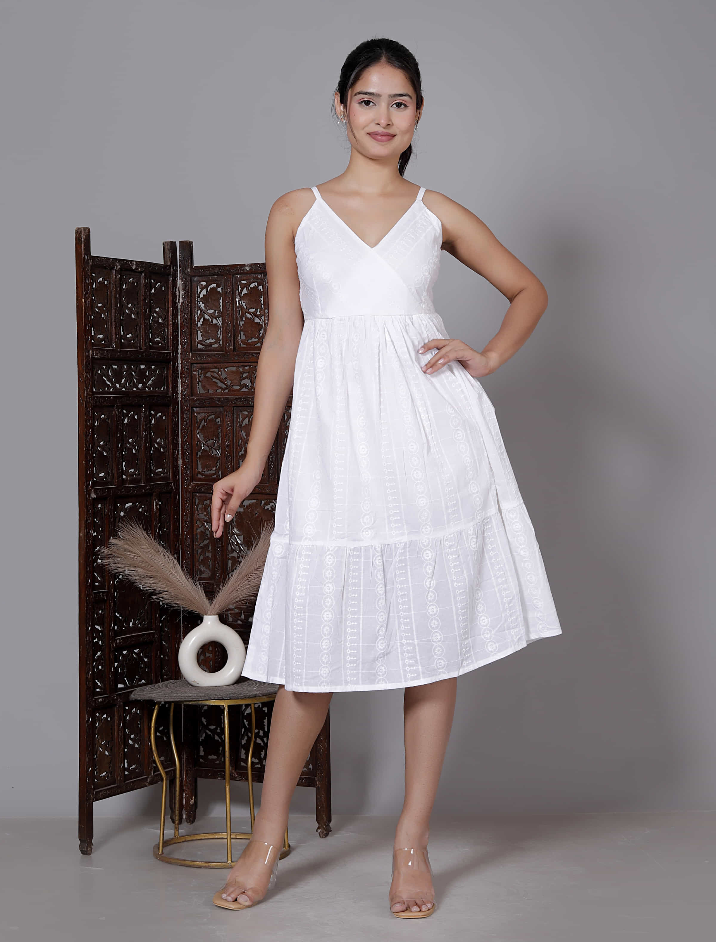 White Spaghetti Tiered Midi Dress