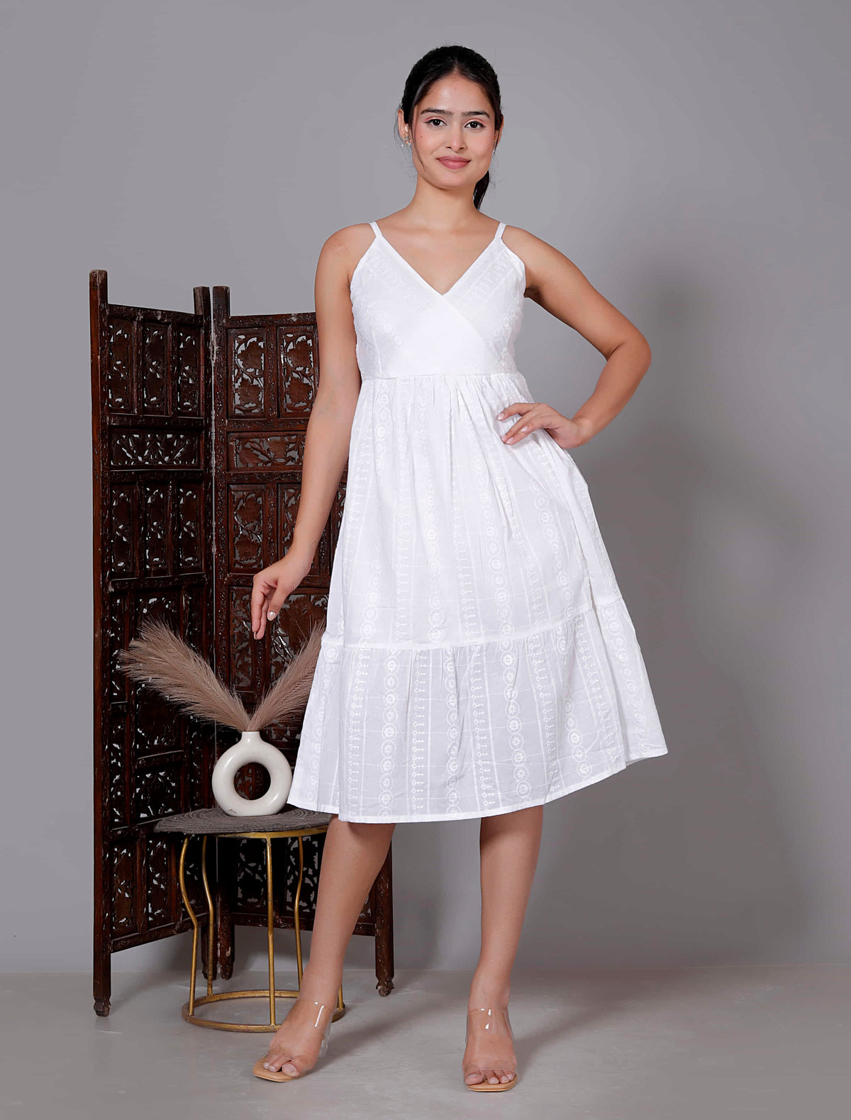White Spaghetti Tiered Midi Dress
