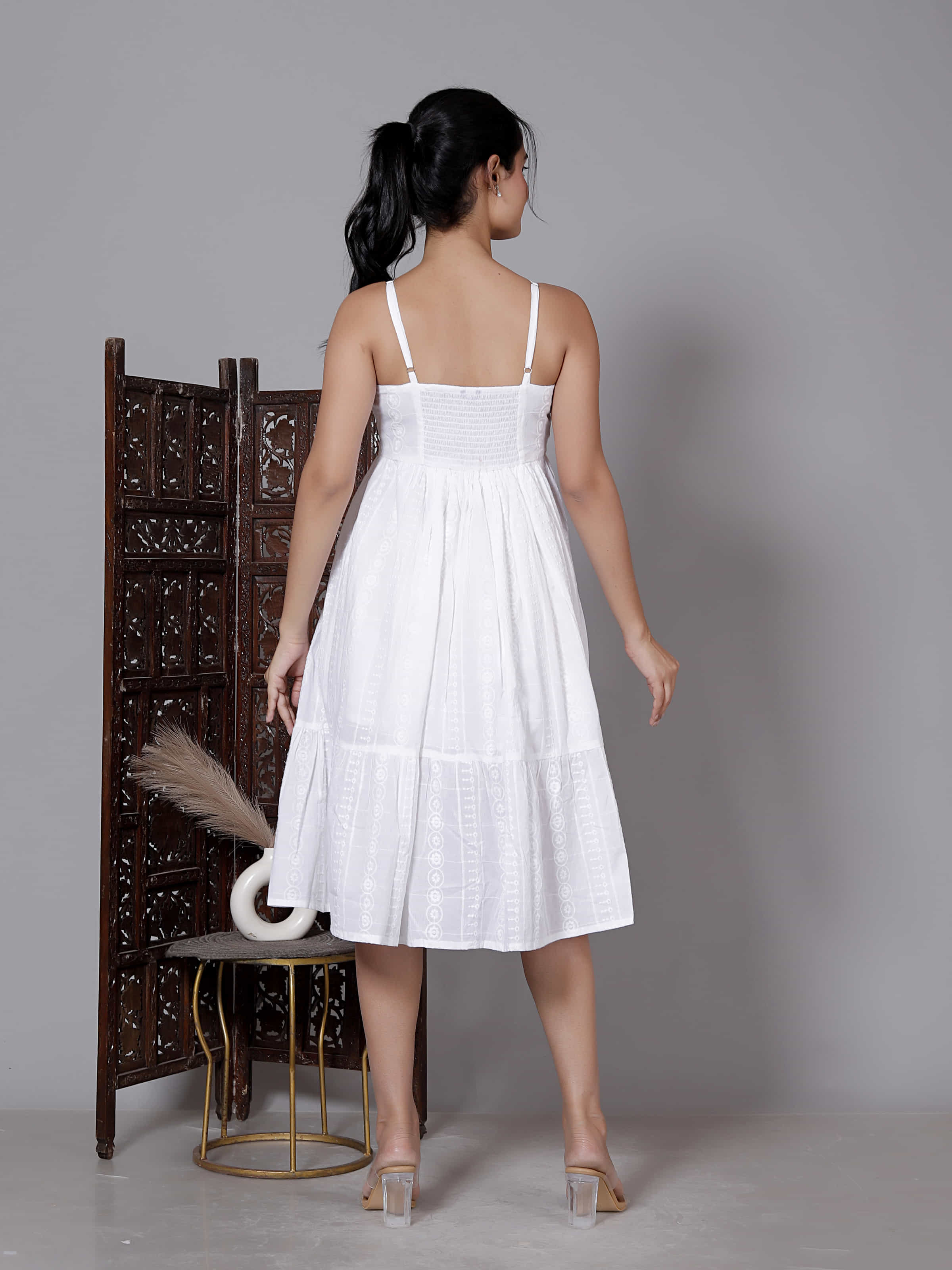 White Spaghetti Tiered Midi Dress