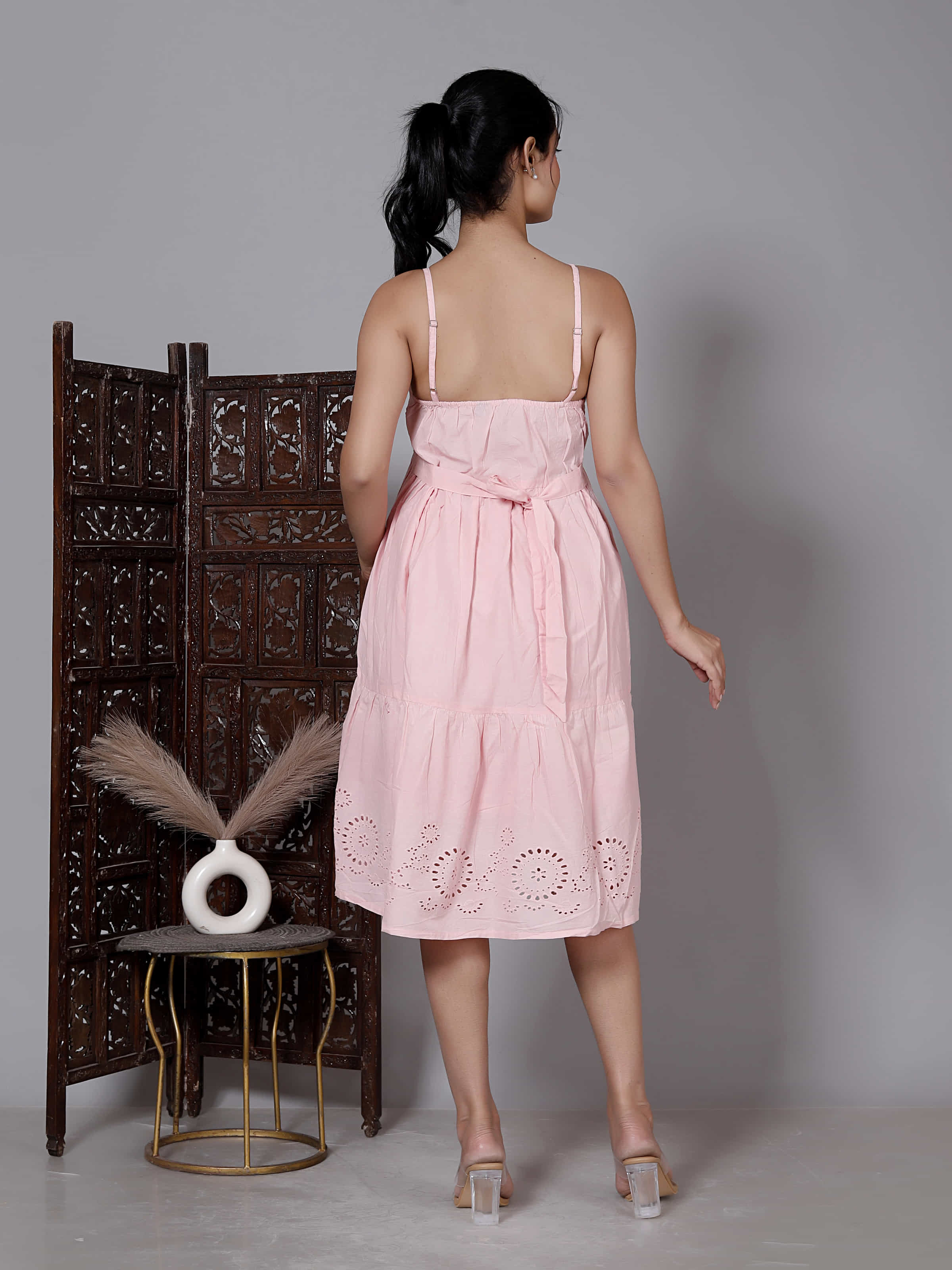 Pink Schiffli Tiered Midi Dress