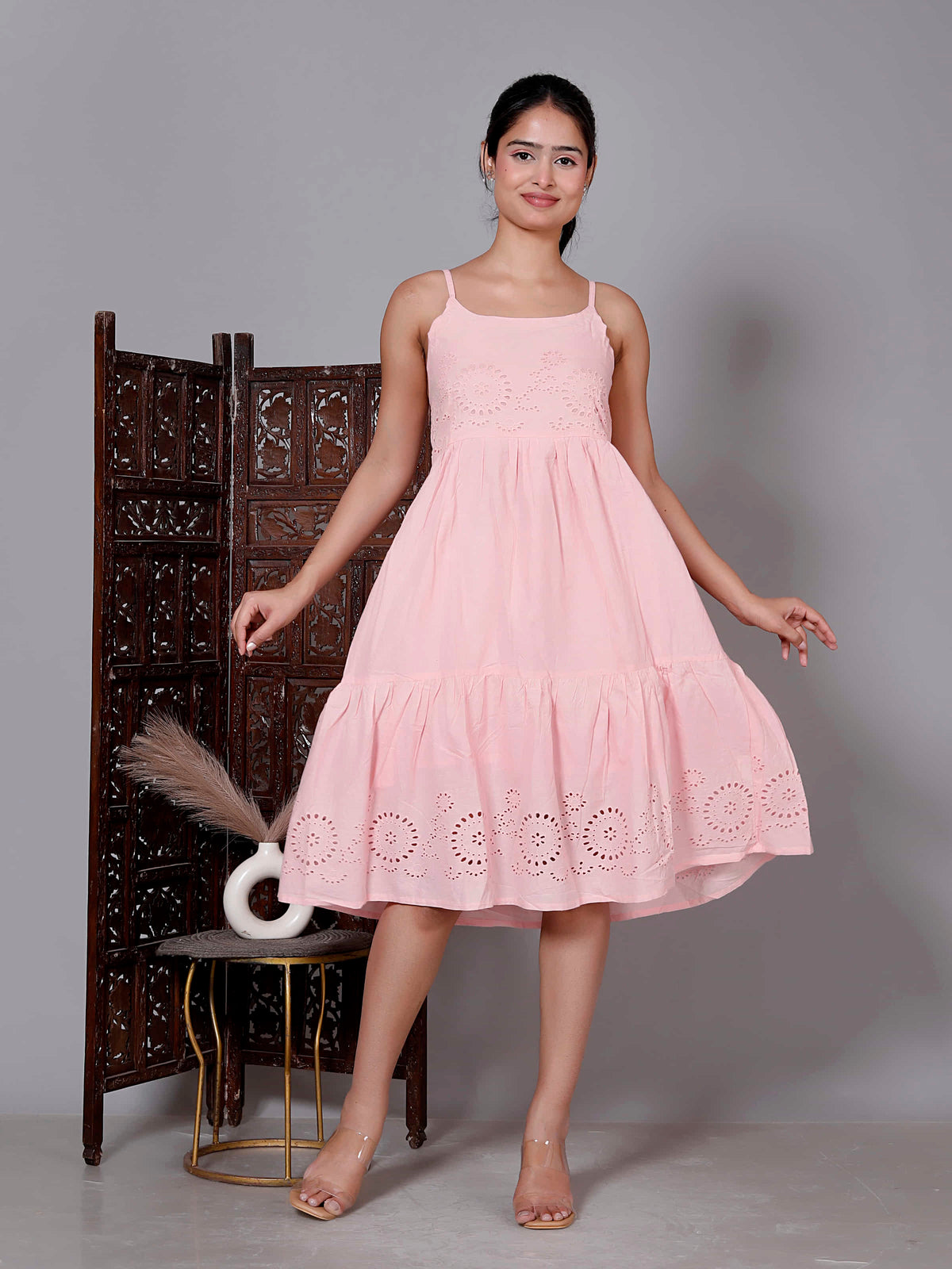 Pink Schiffli Tiered Midi Dress