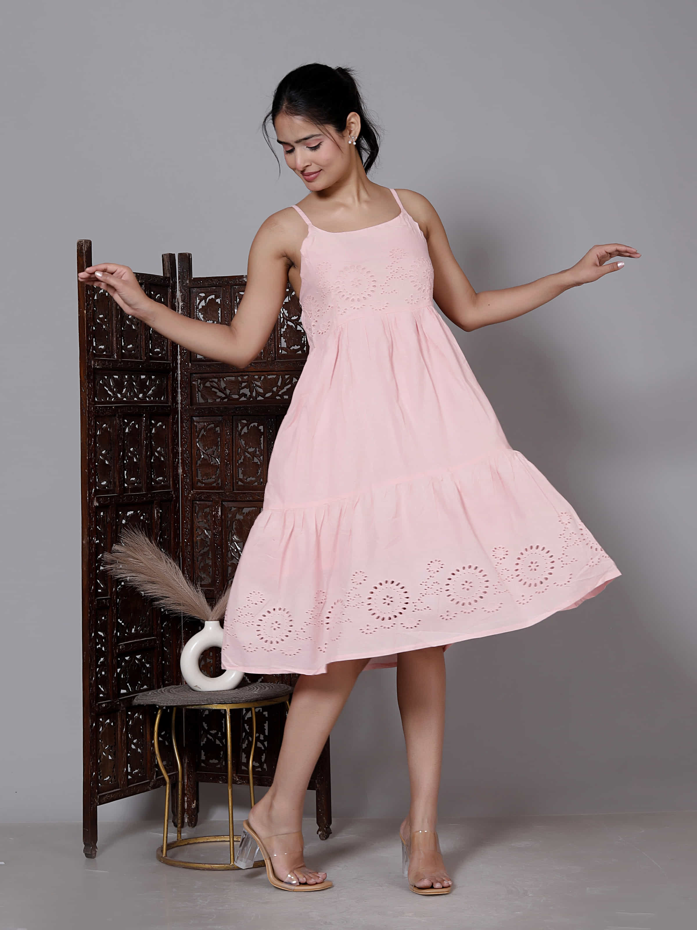 Pink Schiffli Tiered Midi Dress