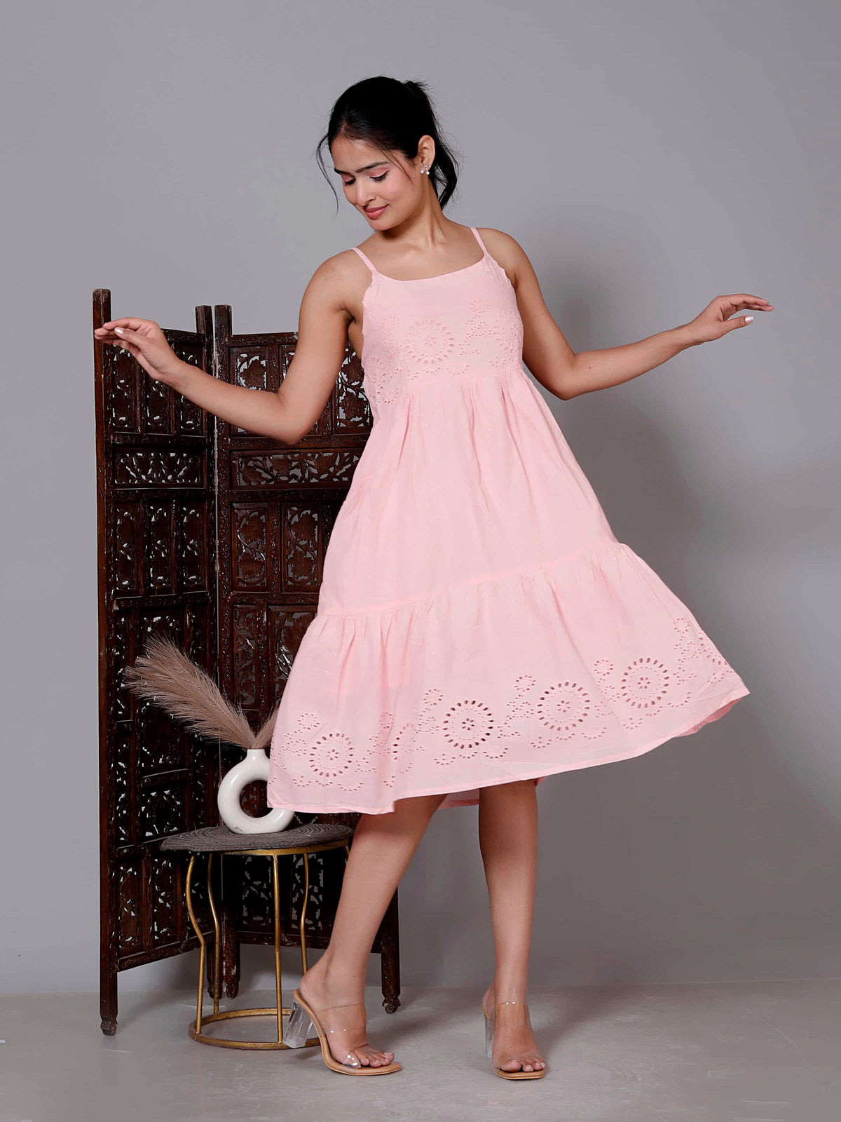 Pink Schiffli Tiered Midi Dress