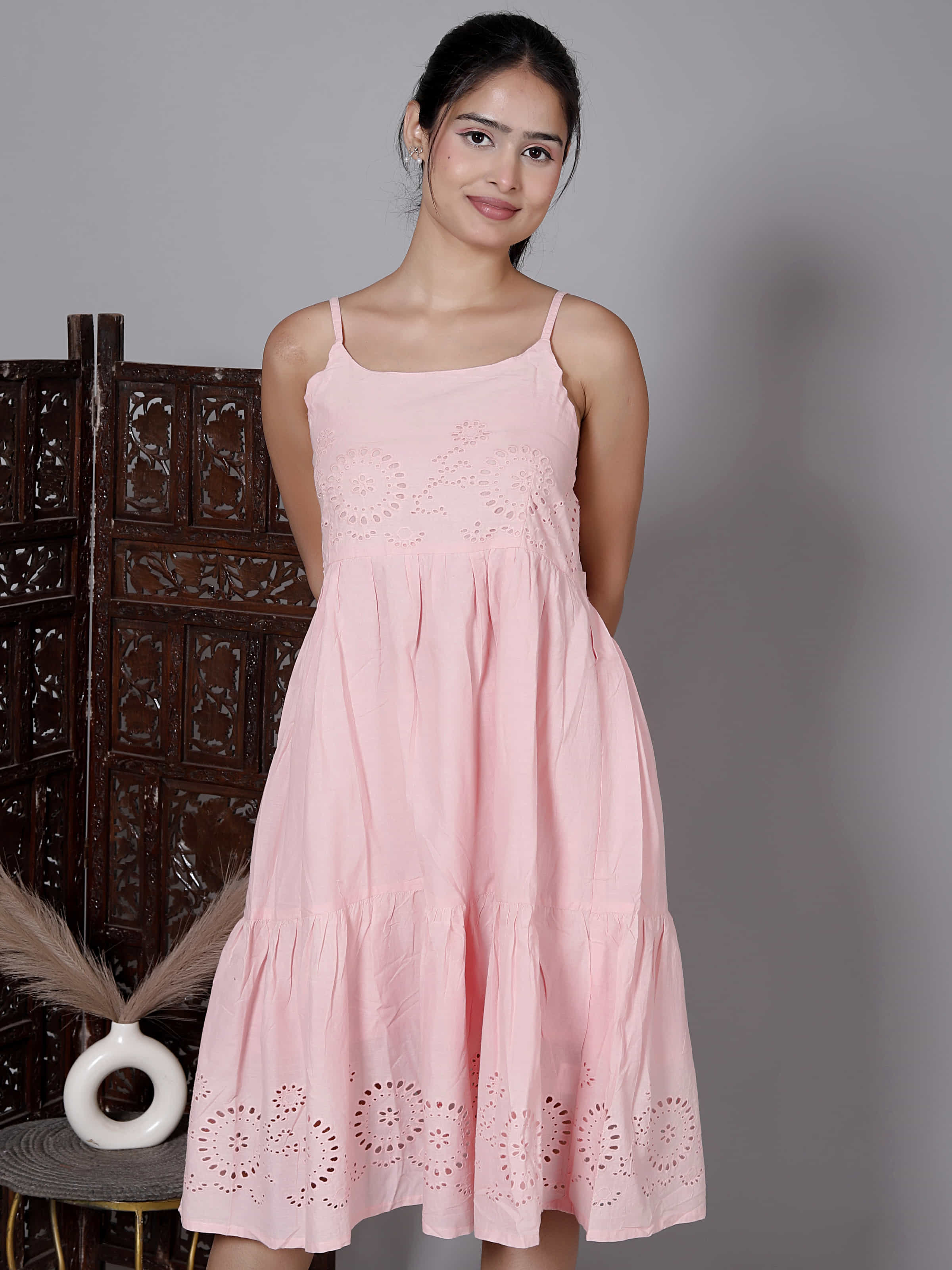 Pink Schiffli Tiered Midi Dress