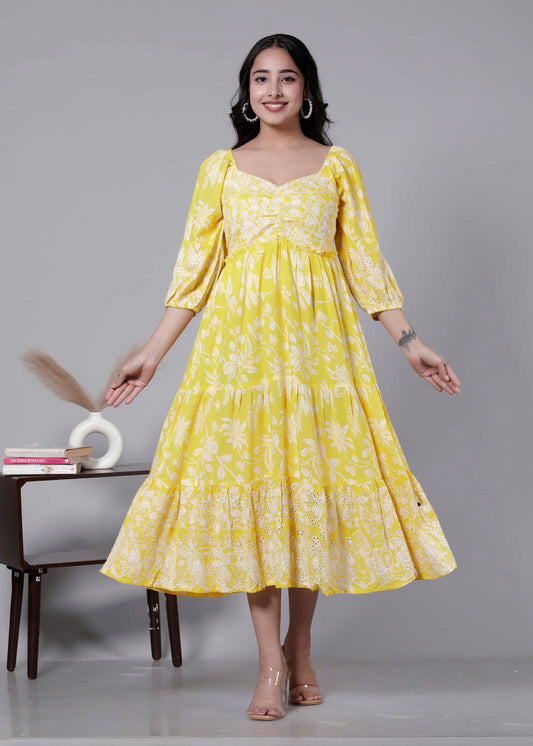 Yellow  Tiered Cotton Dress