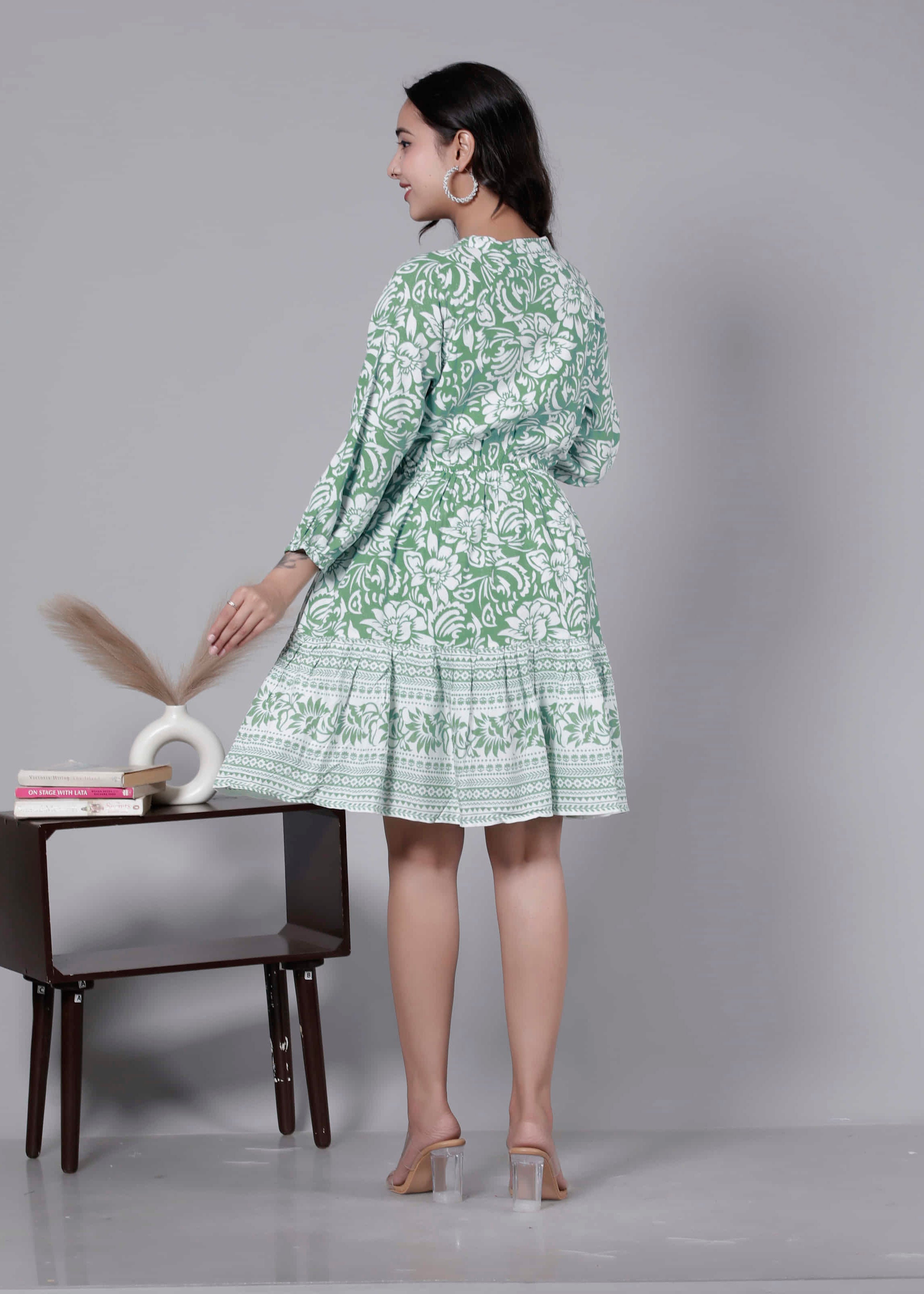 Green Printed Floral Cotton Short Dress