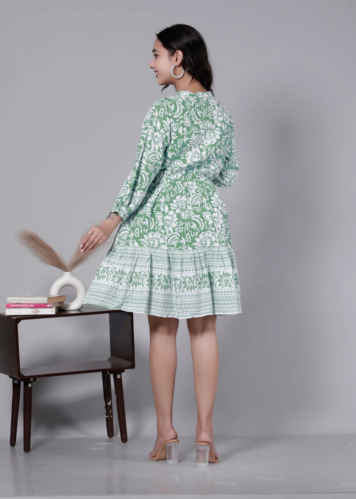 Green Printed Floral Cotton Short Dress