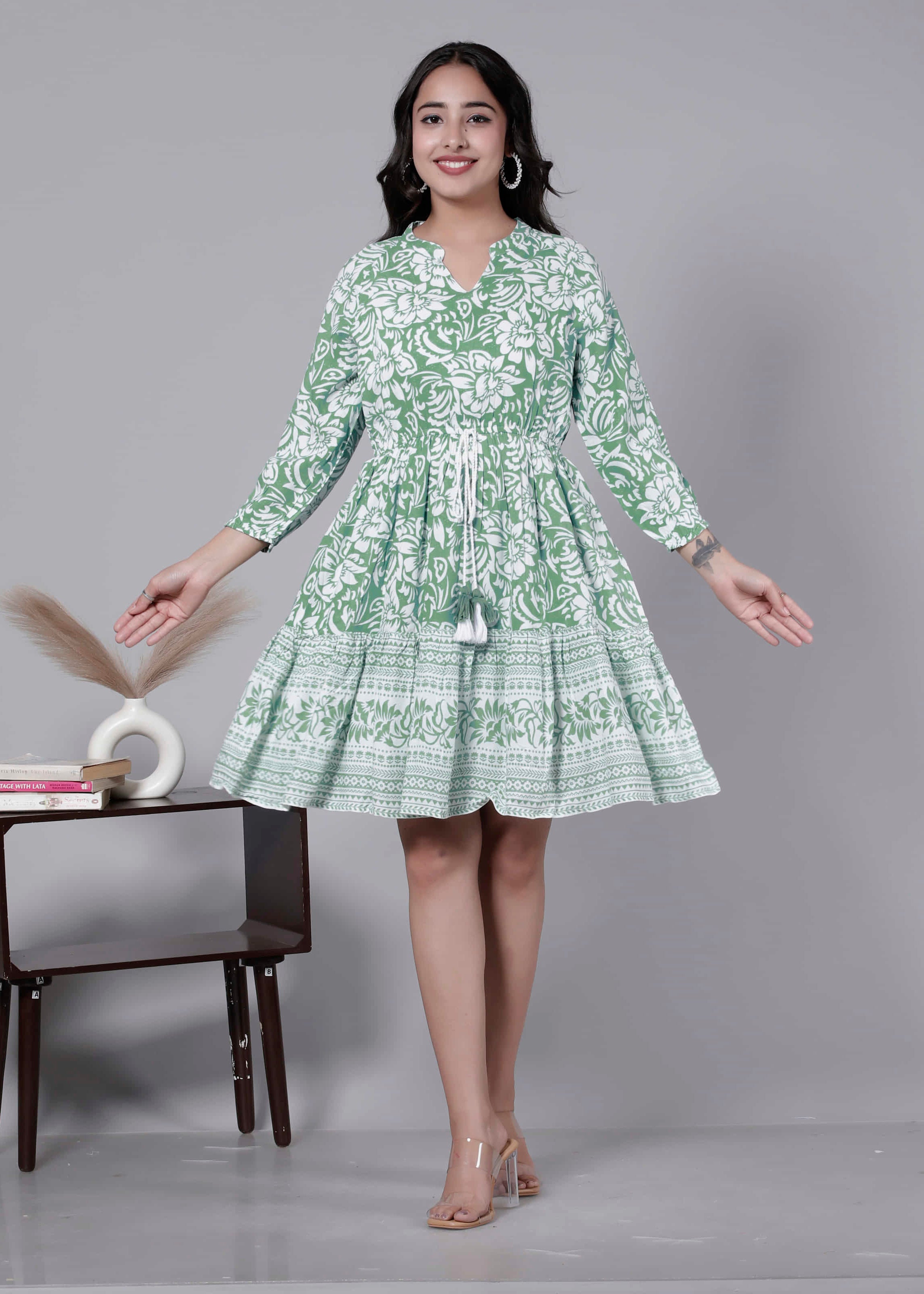Green Printed Floral Cotton Short Dress