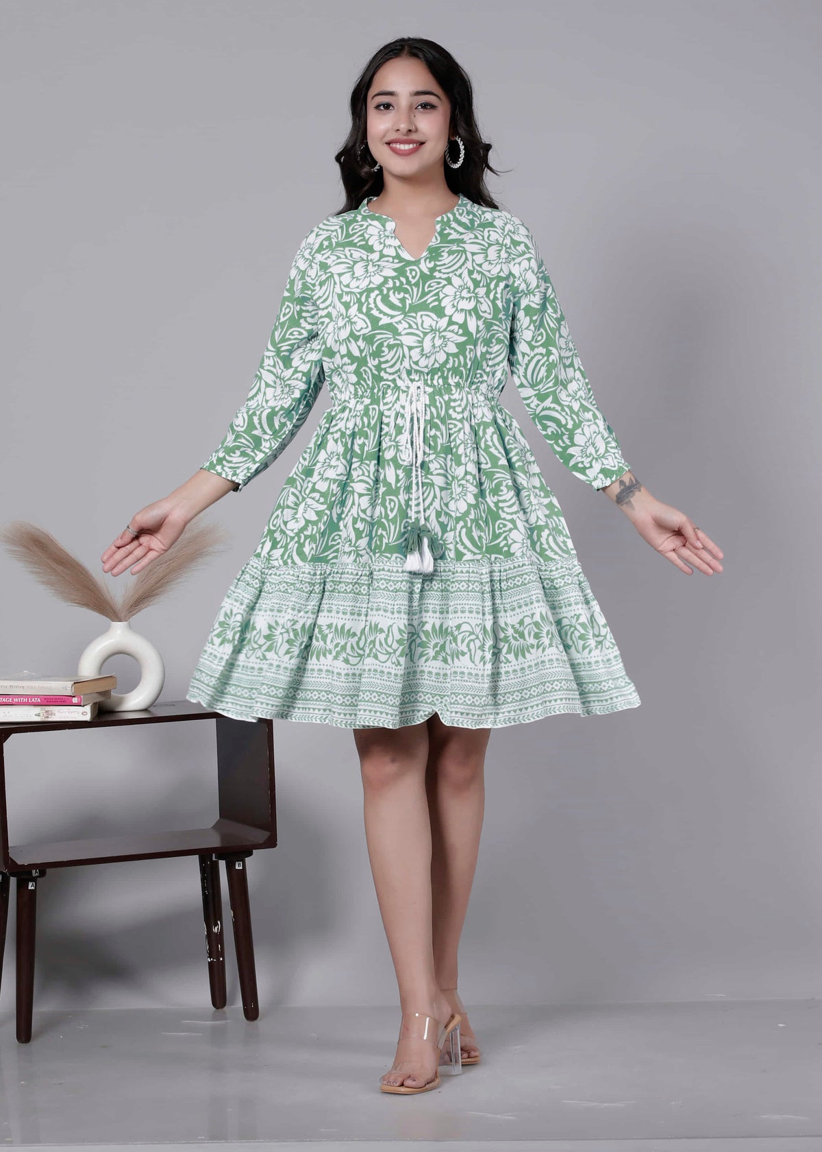 Green Printed Floral Cotton Short Dress