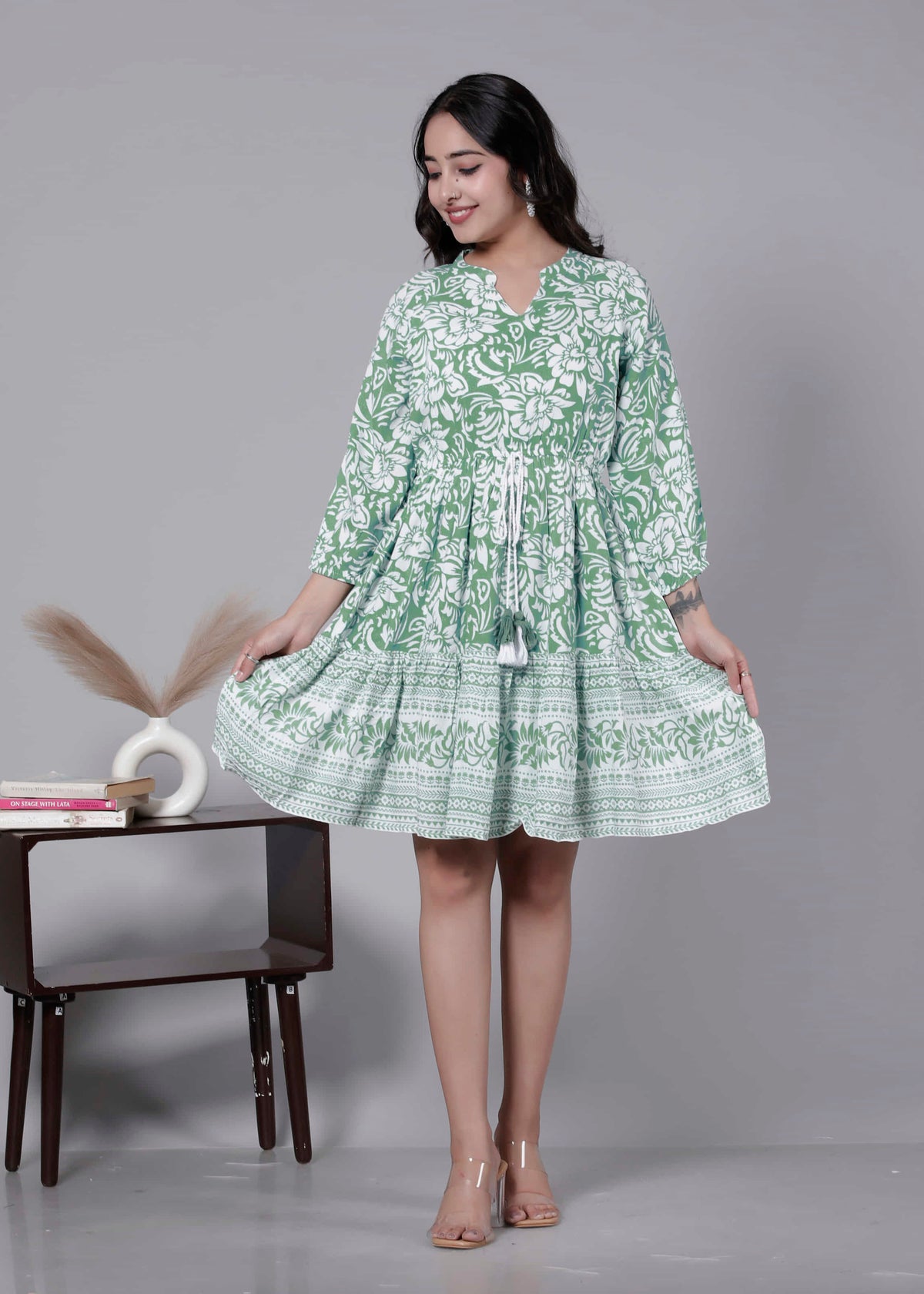 Green Printed Floral Cotton Short Dress