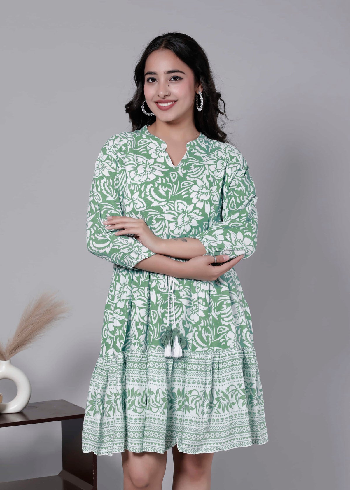 Green Printed Floral Cotton Short Dress