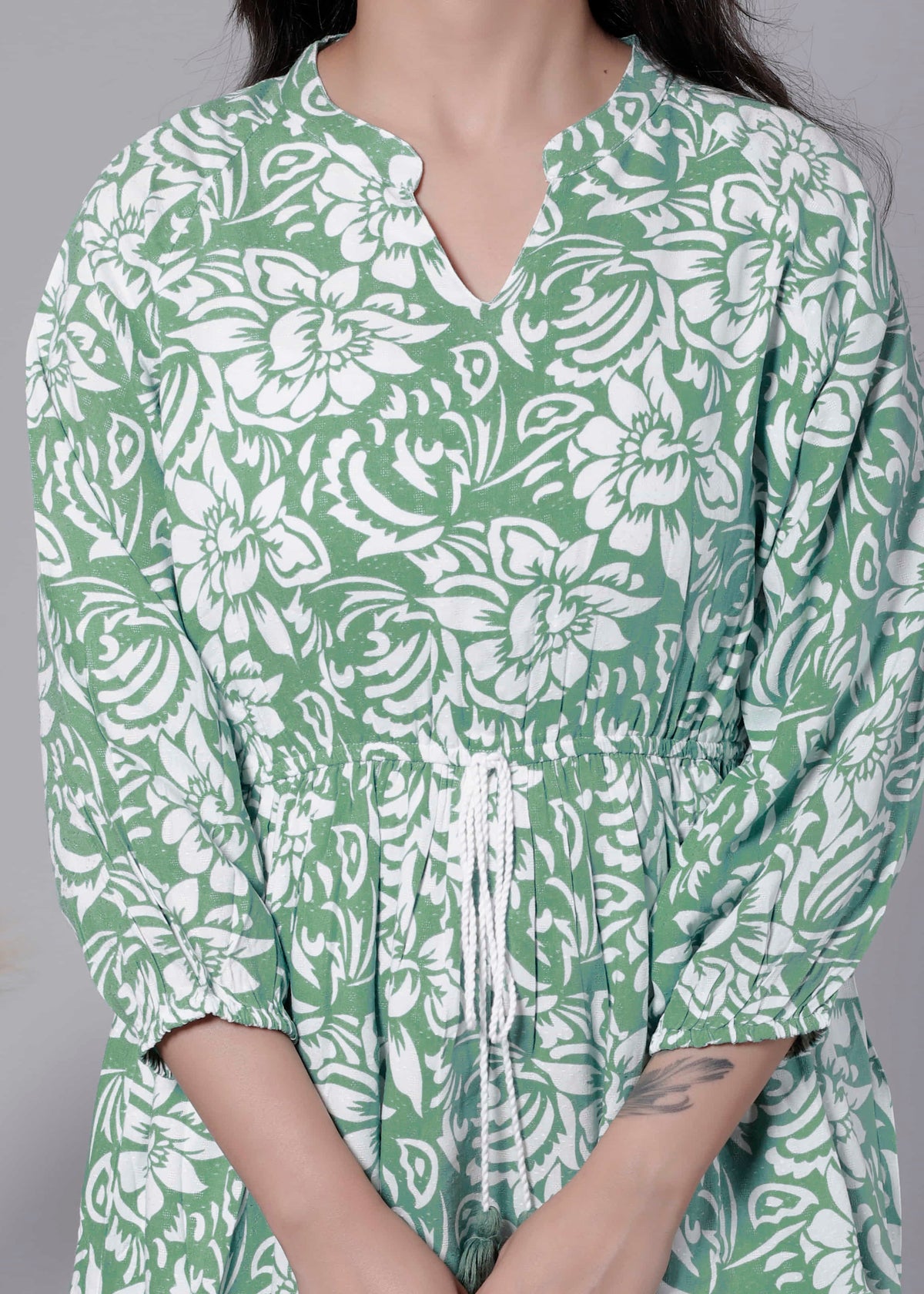 Green Printed Floral Cotton Short Dress
