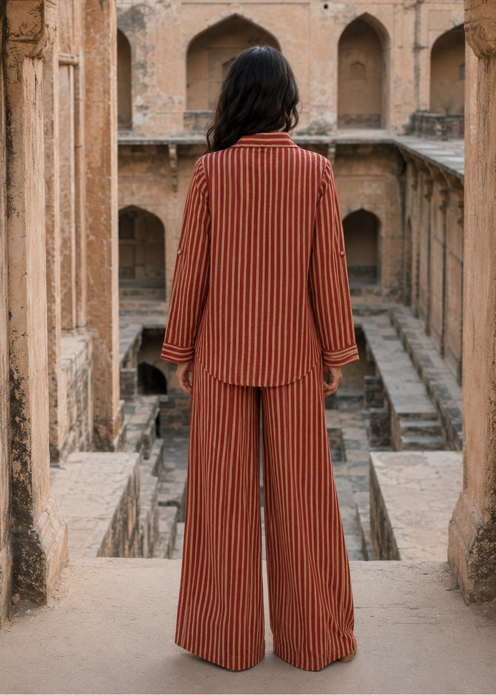 Person wearing a brown striped outfit standing in an ancient architectural setting with arches.