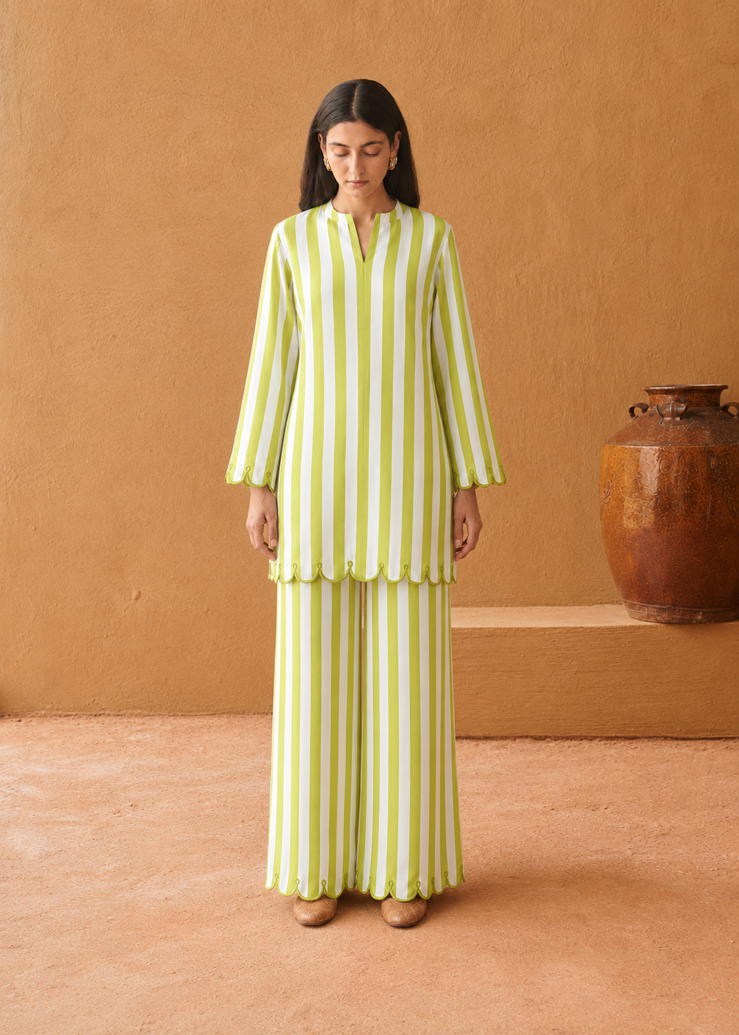 Vanya Lime Stripe Embroidered Cotton Co-ord Set