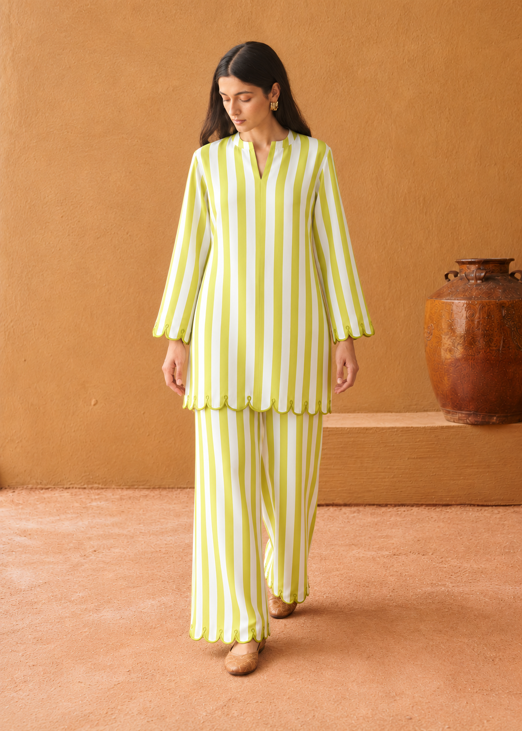 Vanya Lime Stripe Embroidered Cotton Co-ord Set