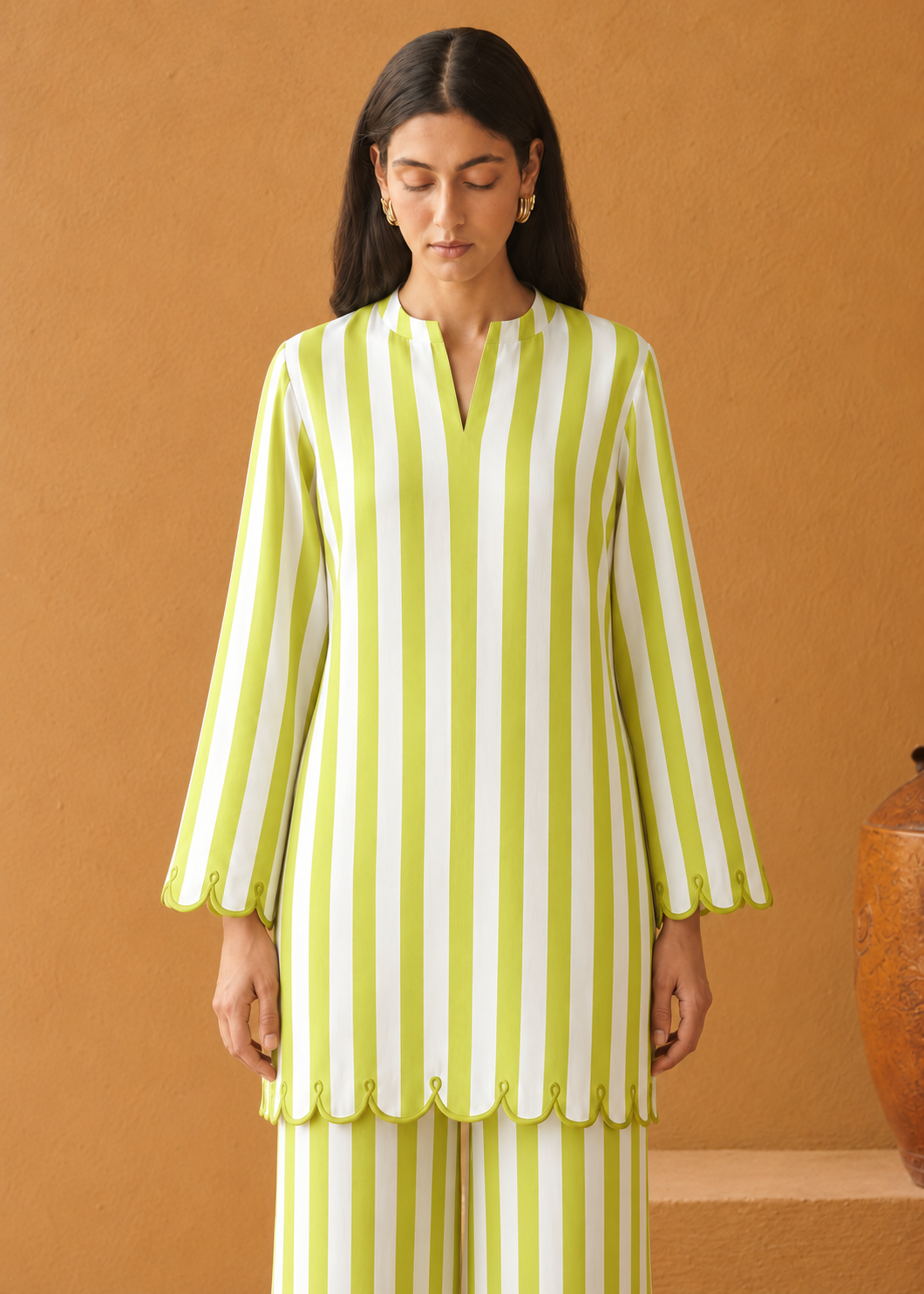 Vanya Lime Stripe Embroidered Cotton Co-ord Set