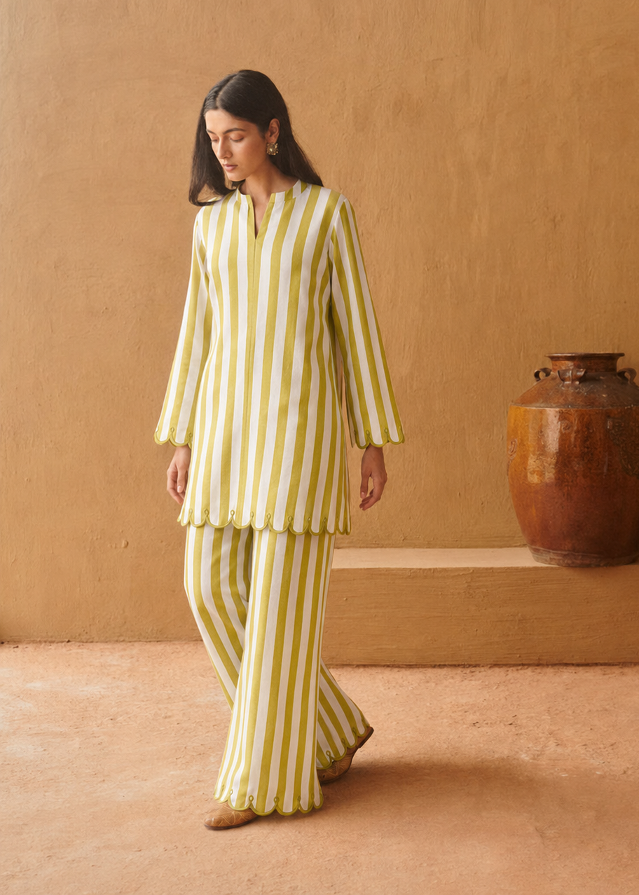 Vanya Lime Stripe Embroidered Cotton Co-ord Set