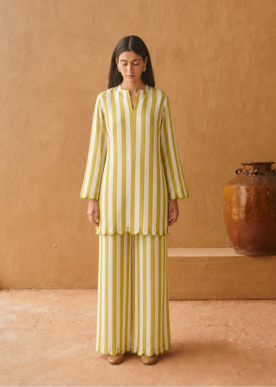Vanya Lime Stripe Embroidered Cotton Co-ord Set