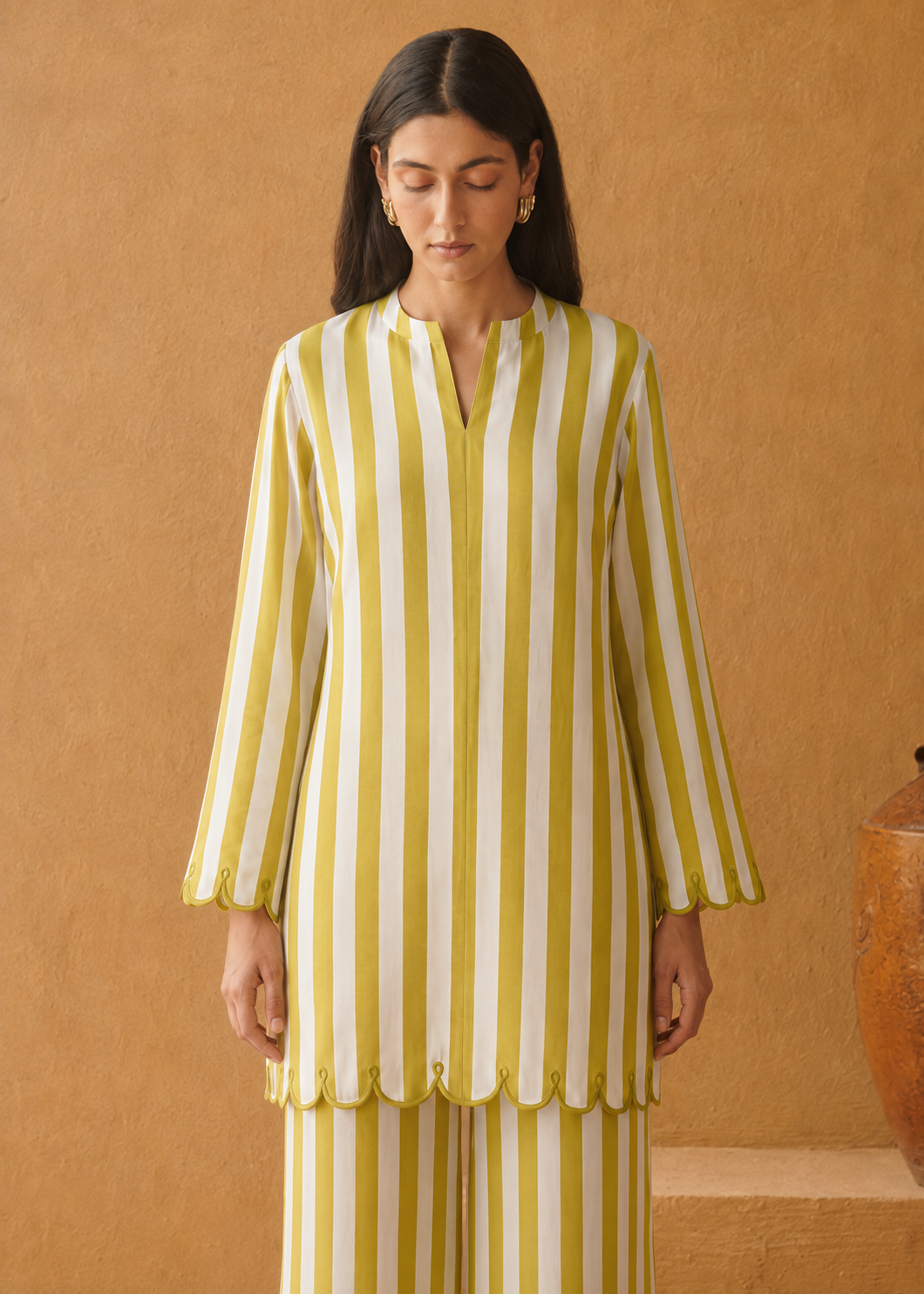 Vanya Lime Stripe Embroidered Cotton Co-ord Set