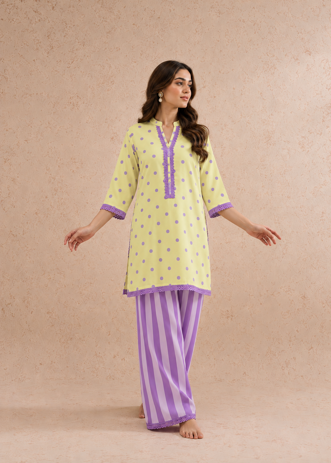Lemon Lilac Dhaari Polka Stripe Palazzo Co-ord Set