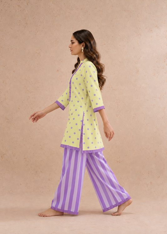 Lemon Lilac Dhaari Polka Stripe Palazzo Co-ord Set