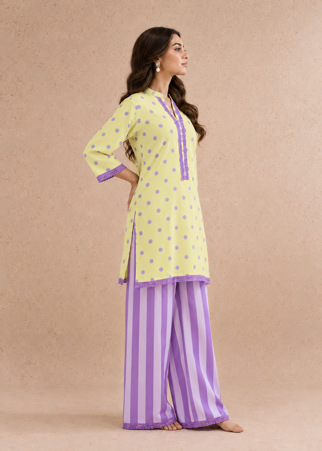 Lemon Lilac Dhaari Polka Stripe Palazzo Co-ord Set
