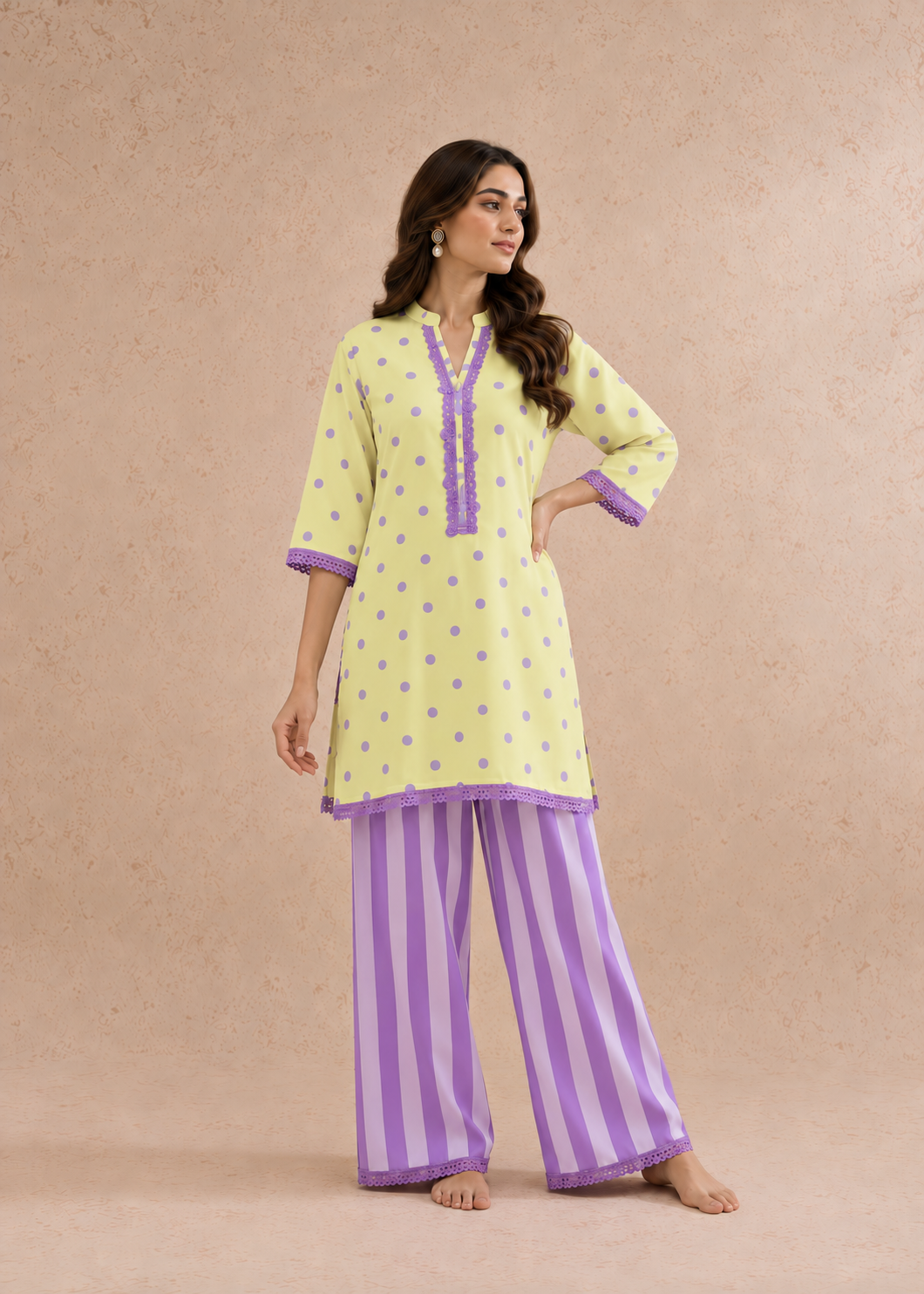 Lemon Lilac Dhaari Polka Stripe Palazzo Co-ord Set