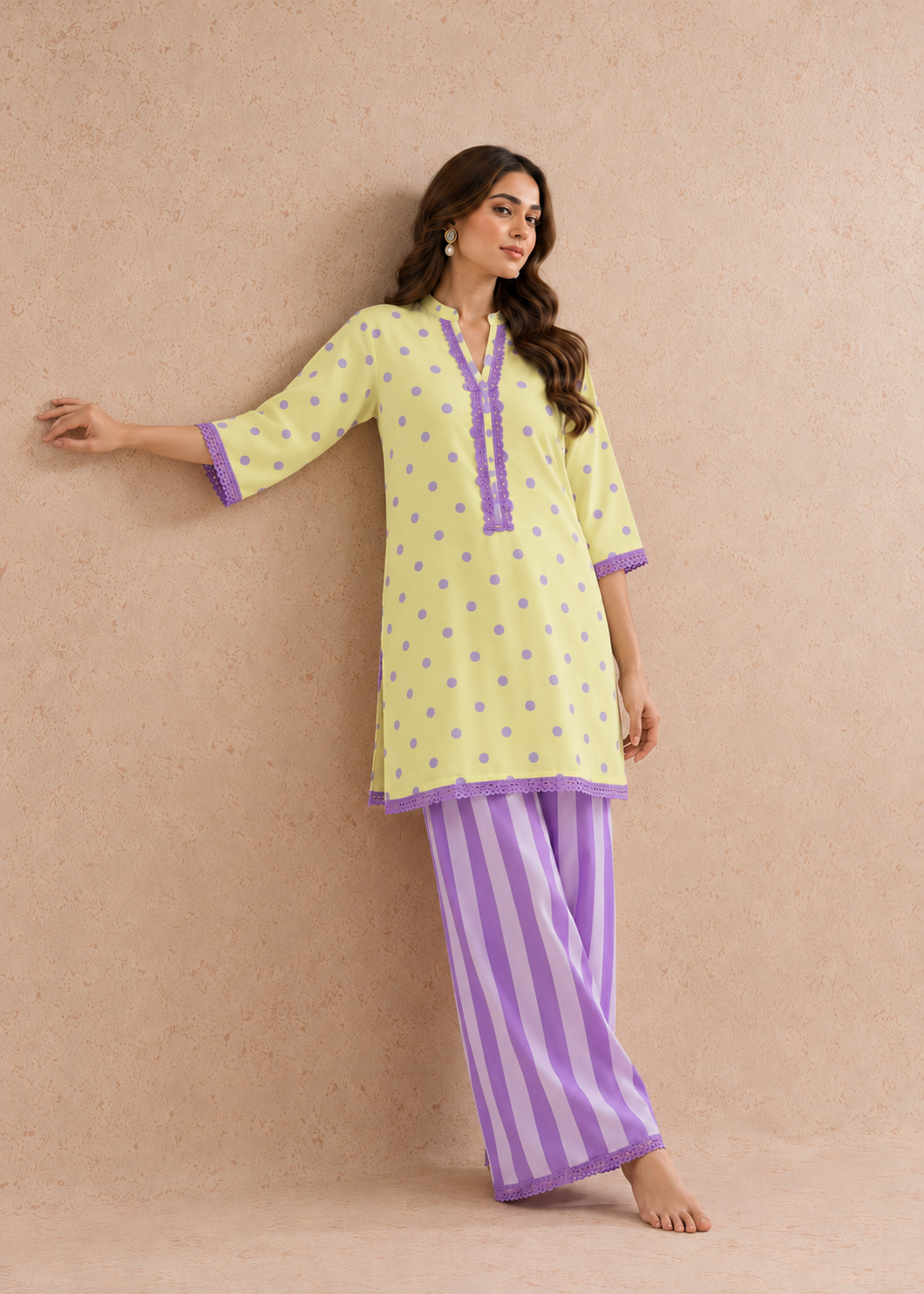 Lemon Lilac Dhaari Polka Stripe Palazzo Co-ord Set