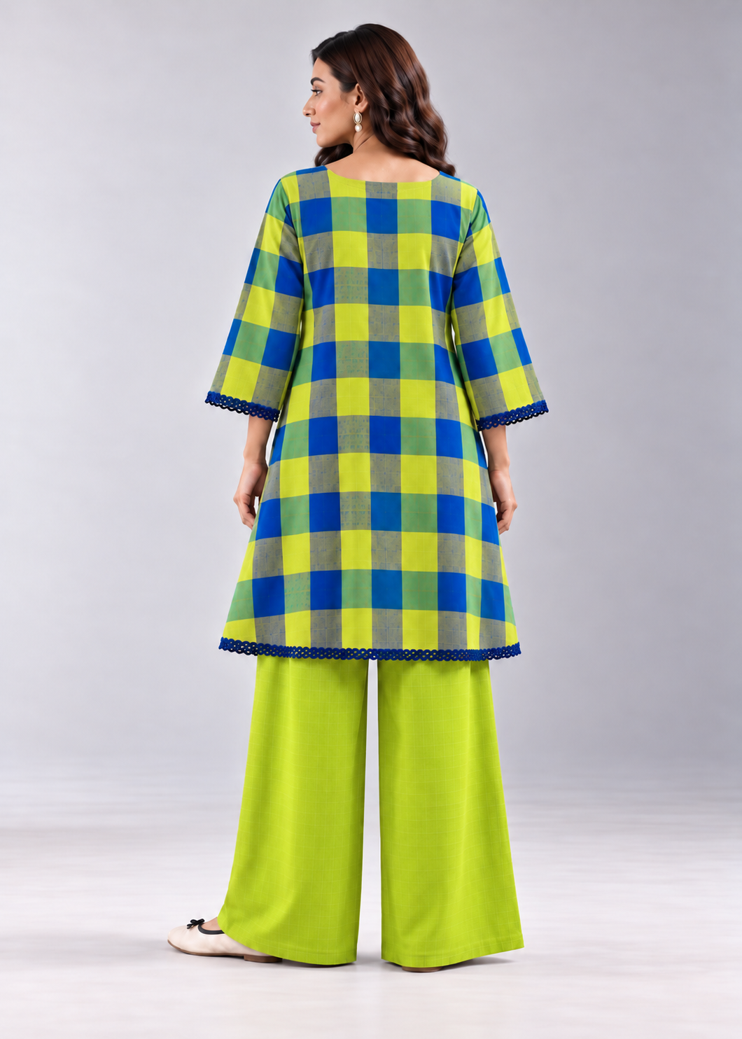 Lime Khana Check Wide-Leg Co-ord Set