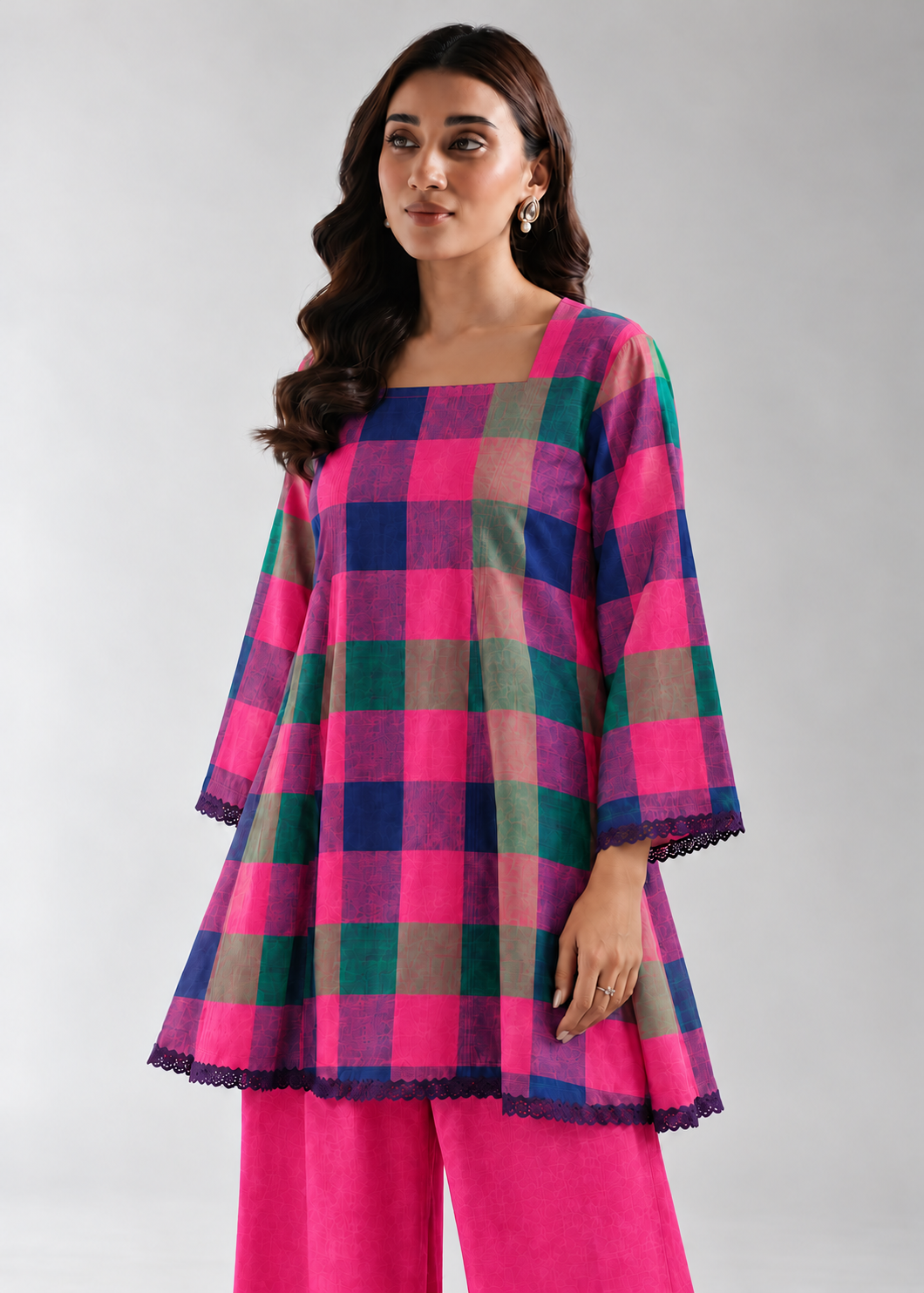 Fuchsia Khana Check Wide-Leg Co-ord Set
