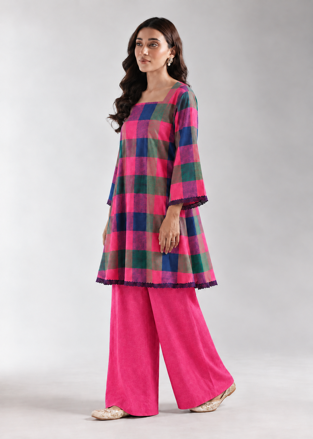 Fuchsia Khana Check Wide-Leg Co-ord Set