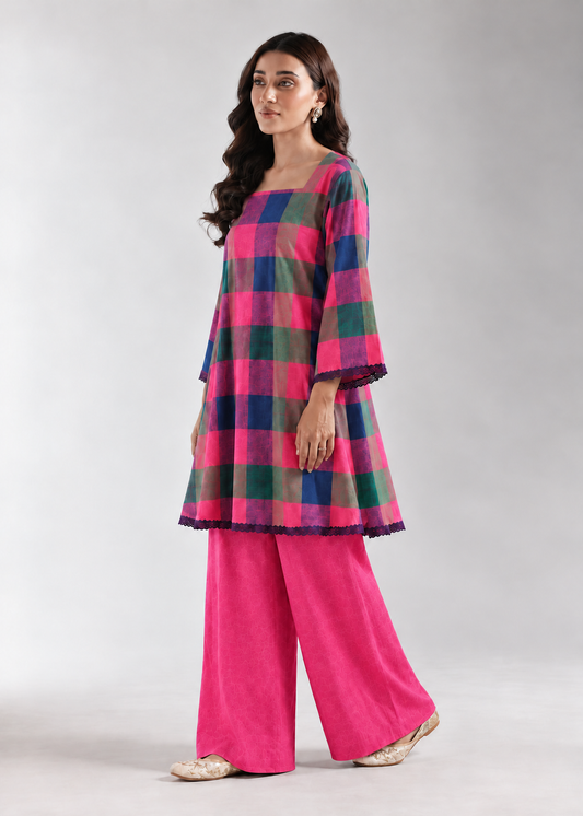 Fuchsia Khana Check Wide-Leg Co-ord Set
