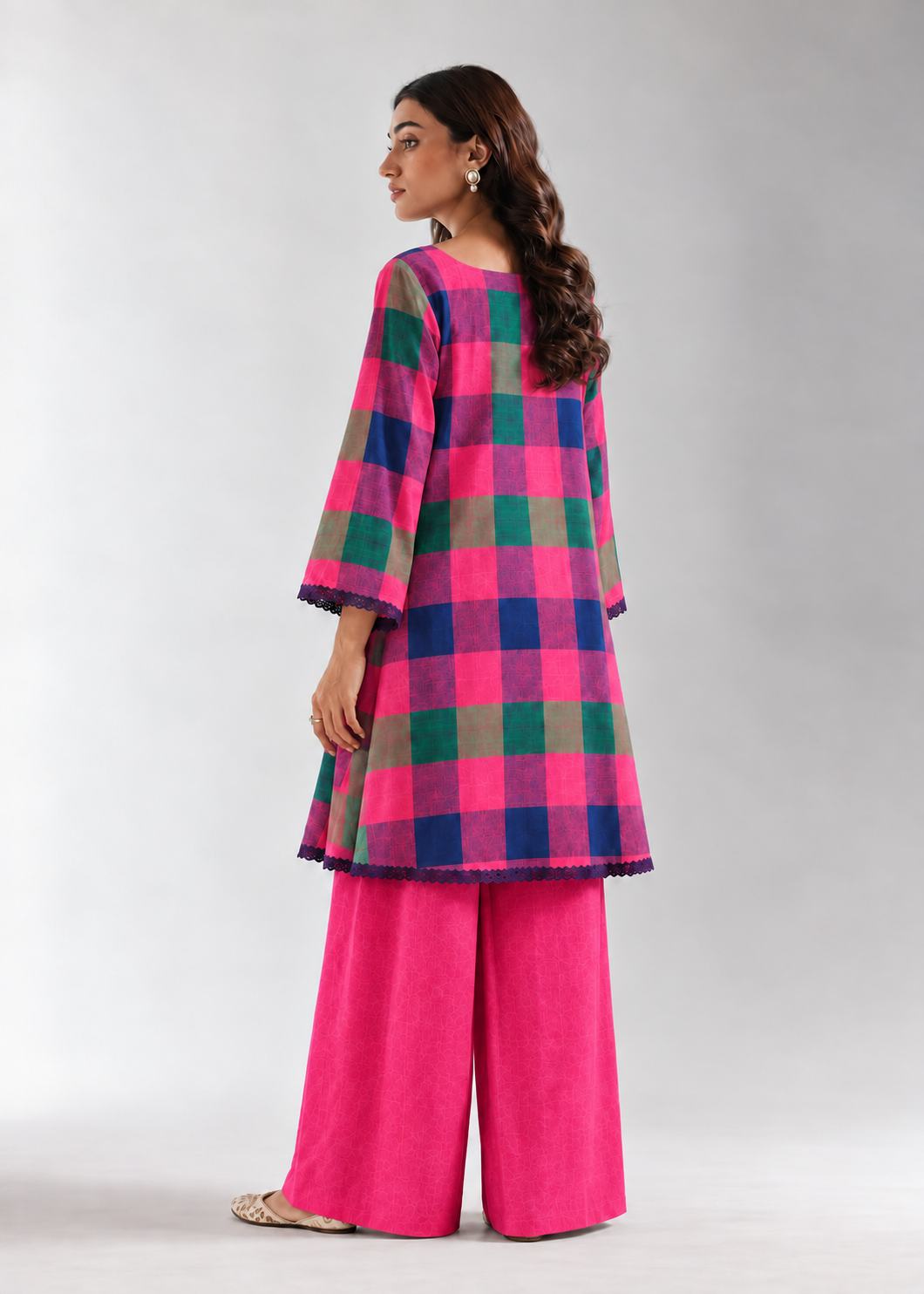 Fuchsia Khana Check Wide-Leg Co-ord Set