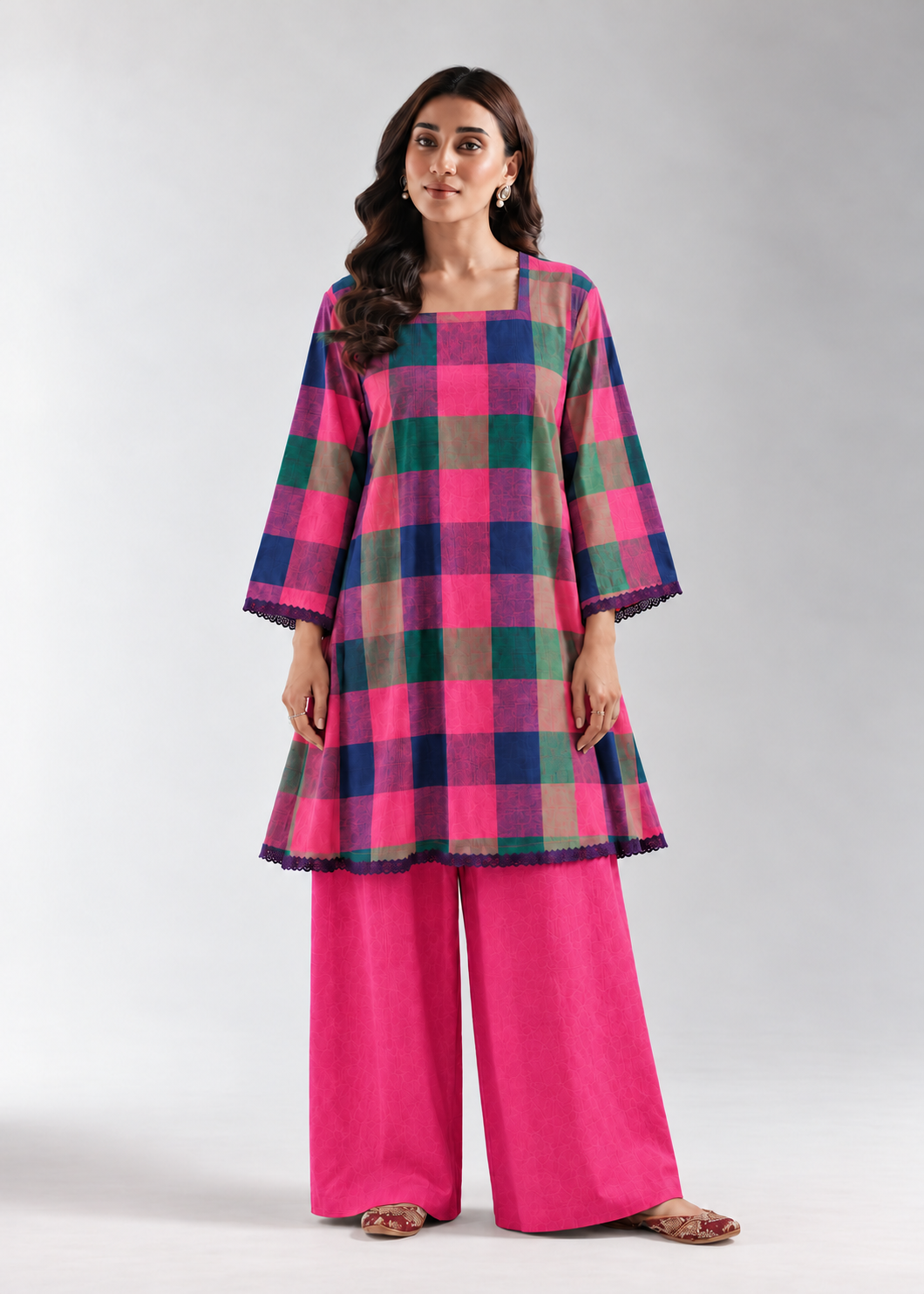 Fuchsia Khana Check Wide-Leg Co-ord Set