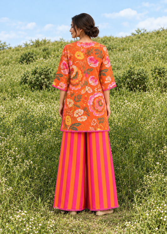 Tangerine Phoolwari Palazzo Co-ord Set